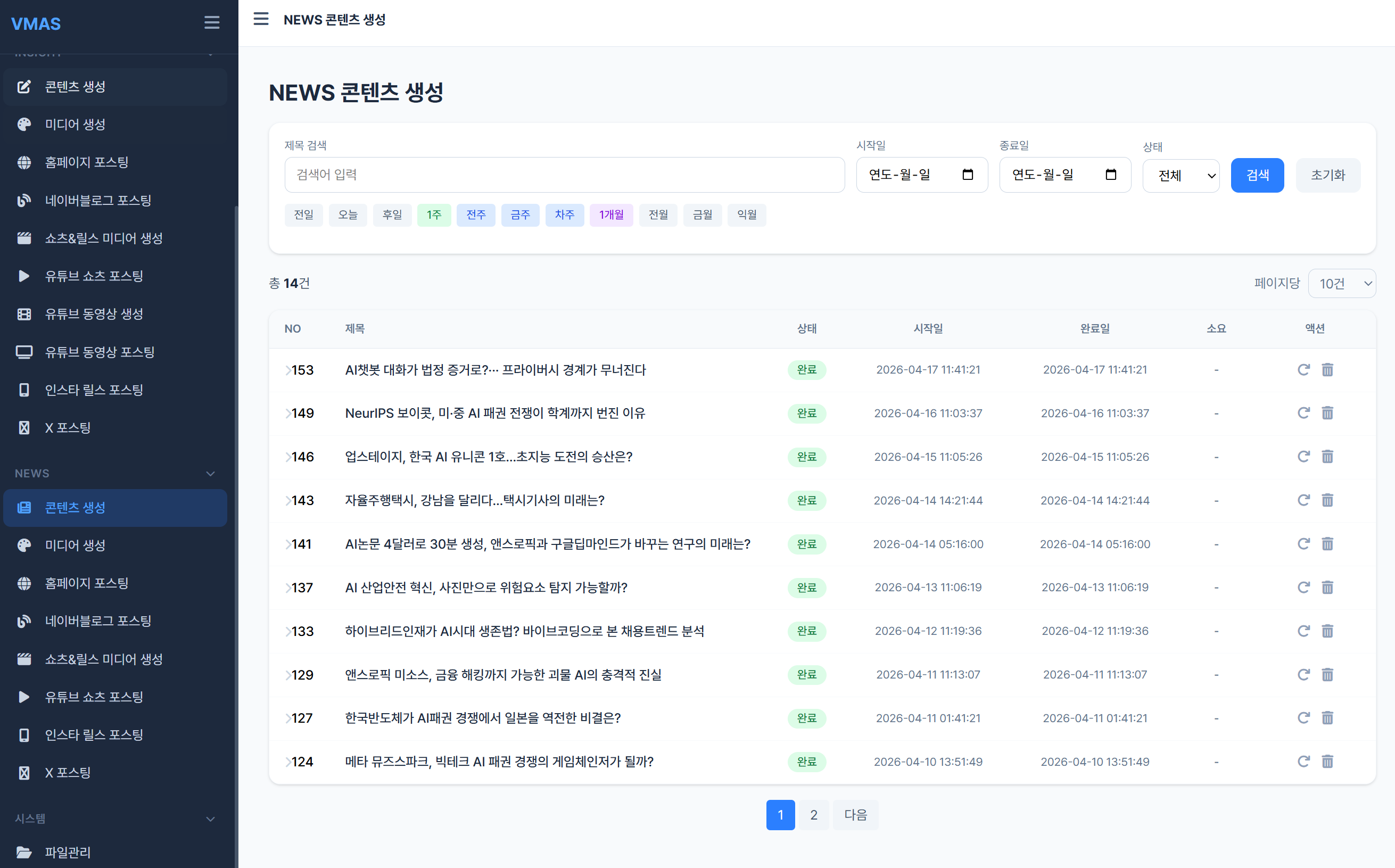 AINEWS 콘텐츠 생성 목록