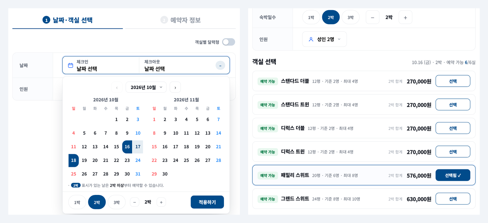 숙박예약 솔루션 예약창 - 두 달 달력에서 2박 선택과 객실별 합계 금액