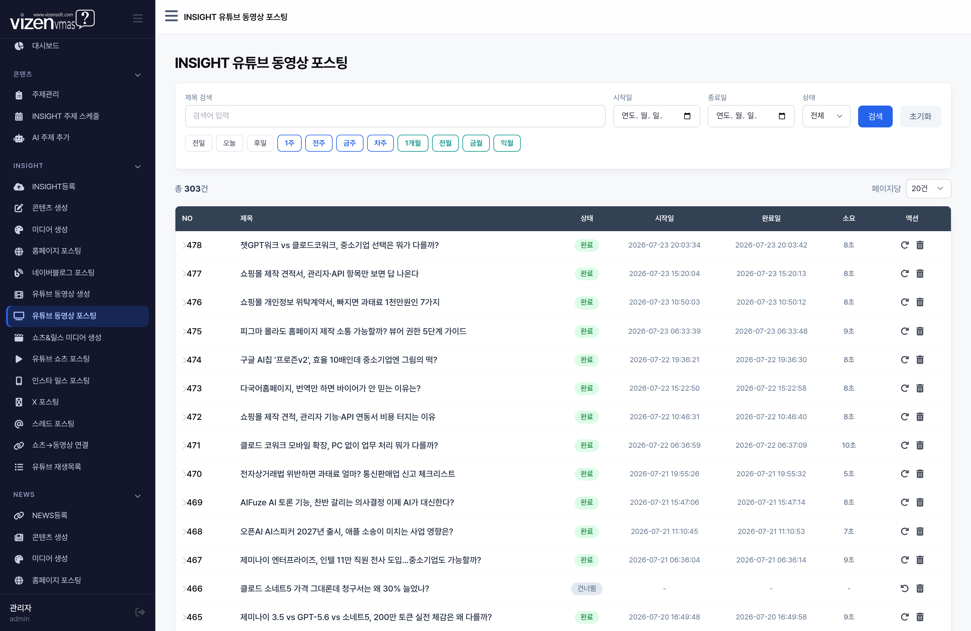 VMAS 유튜브 장편 영상 자동 업로드 목록