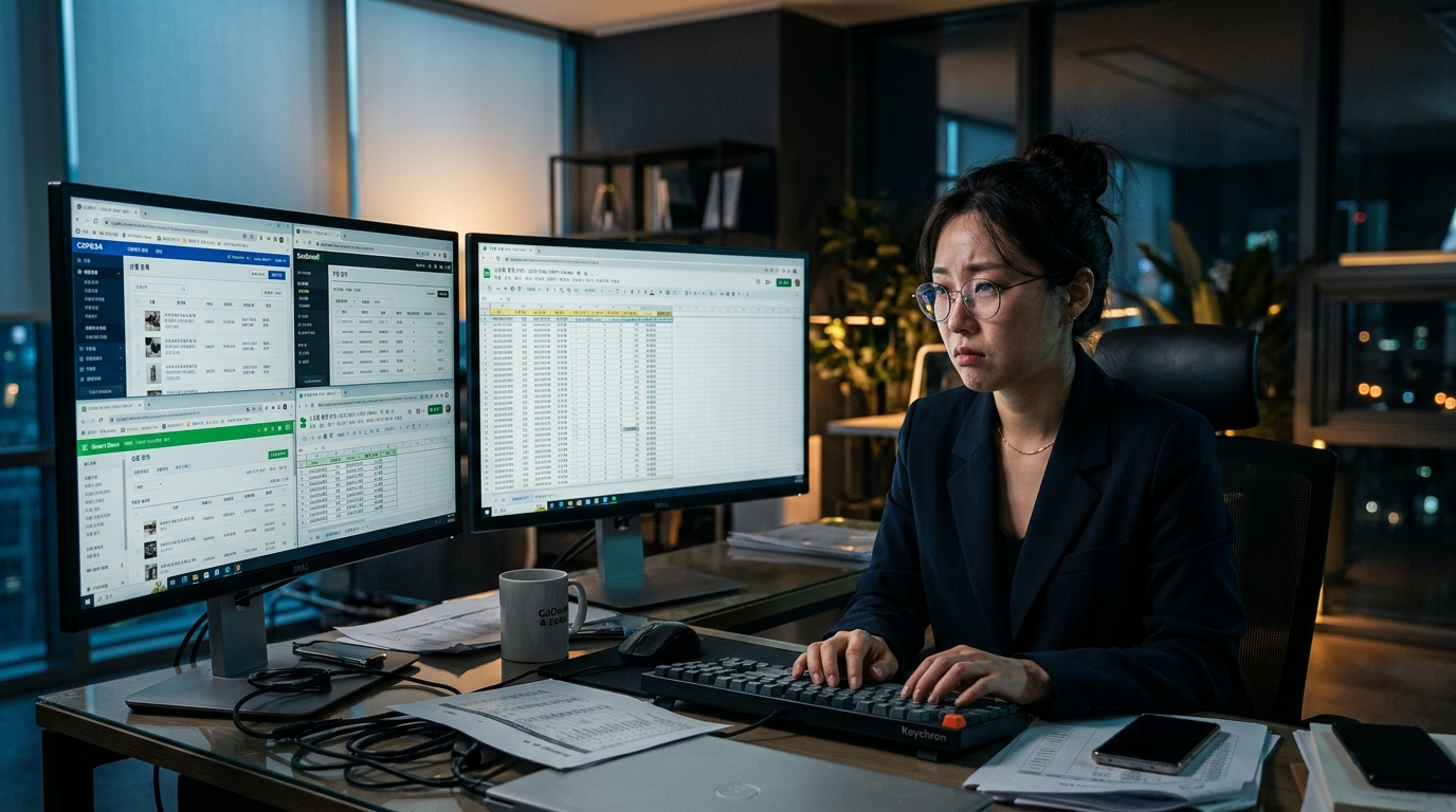 쇼핑몰 운영의 복잡한 문제점을 나타내는 일러스트레이션