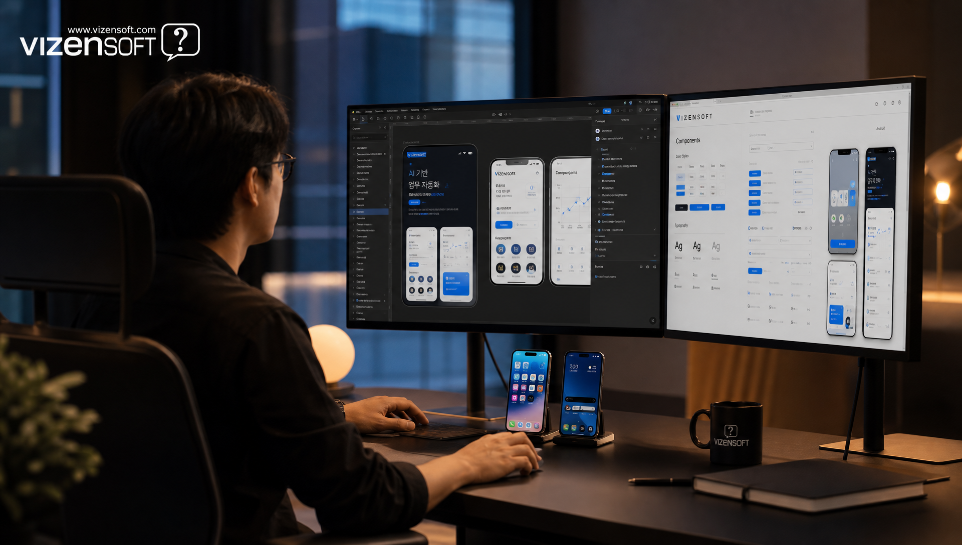 iOS와 Android 플랫폼 로고가 표시된 모바일앱 UI 디자인 비교 이미지