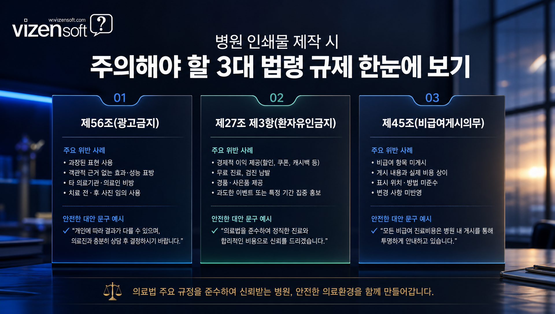 환자 유인 금지와 비급여 게시 의무를 설명하는 주의 안내문