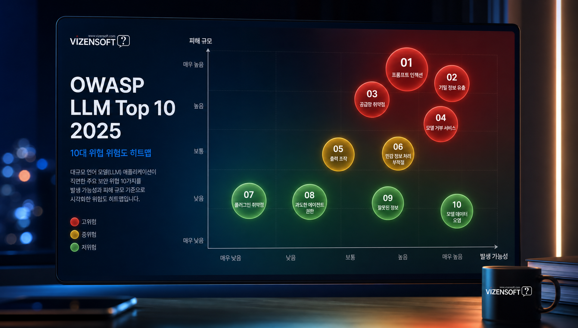 OWASP LLM Top 10 2025 위협 10가지의 위험도 비교 차트