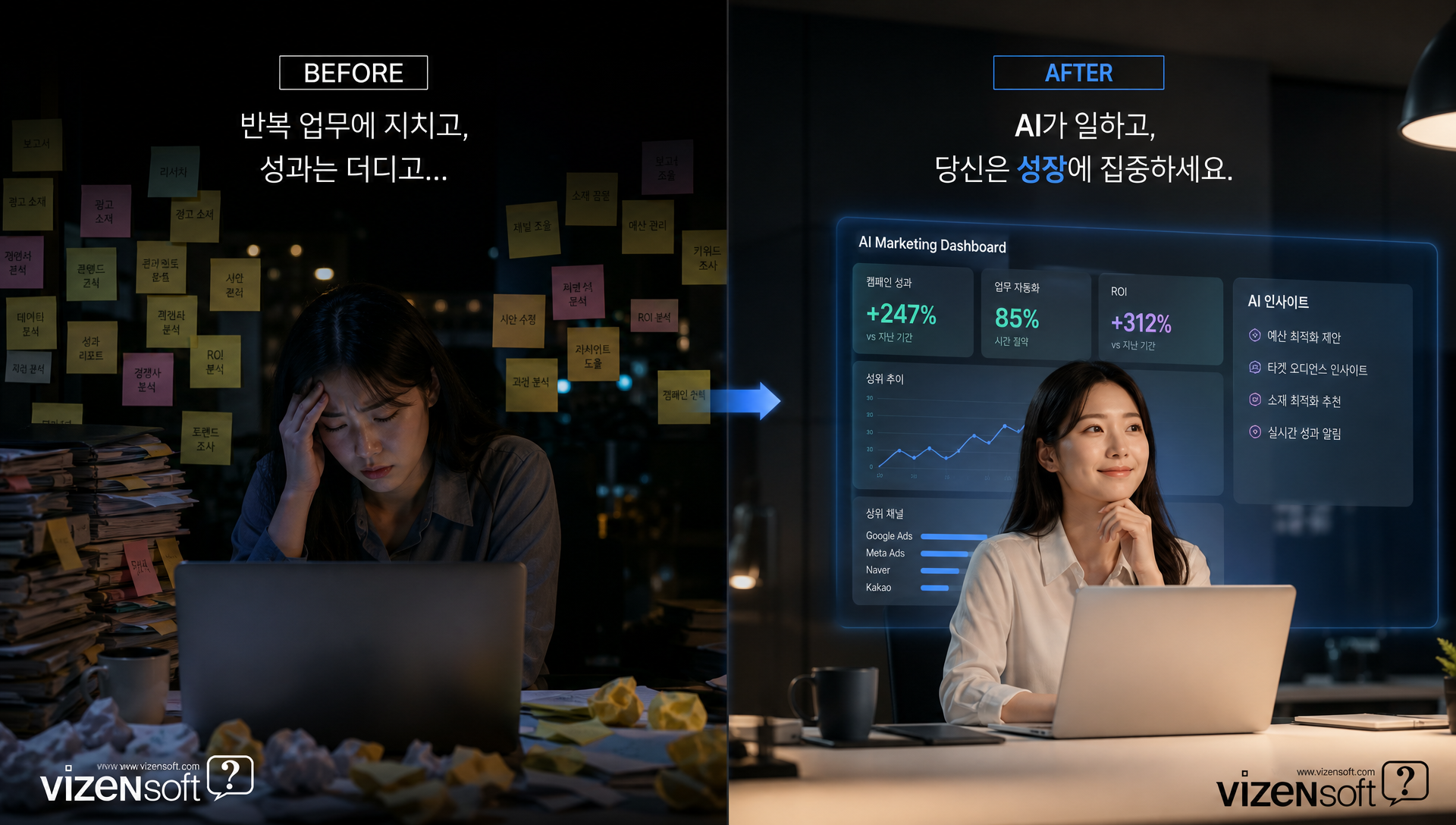 마케터 1명이 여러 채널의 콘텐츠를 효율적으로 관리하는 AI 자동화 시스템 개념도