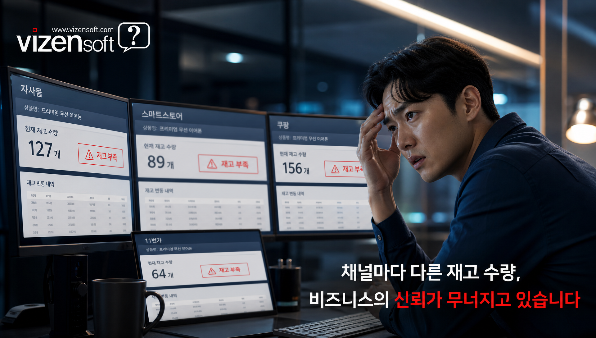 자사몰과 오픈마켓 채널별로 분리된 재고 관리로 인한 초과판매 문제 다이어그램