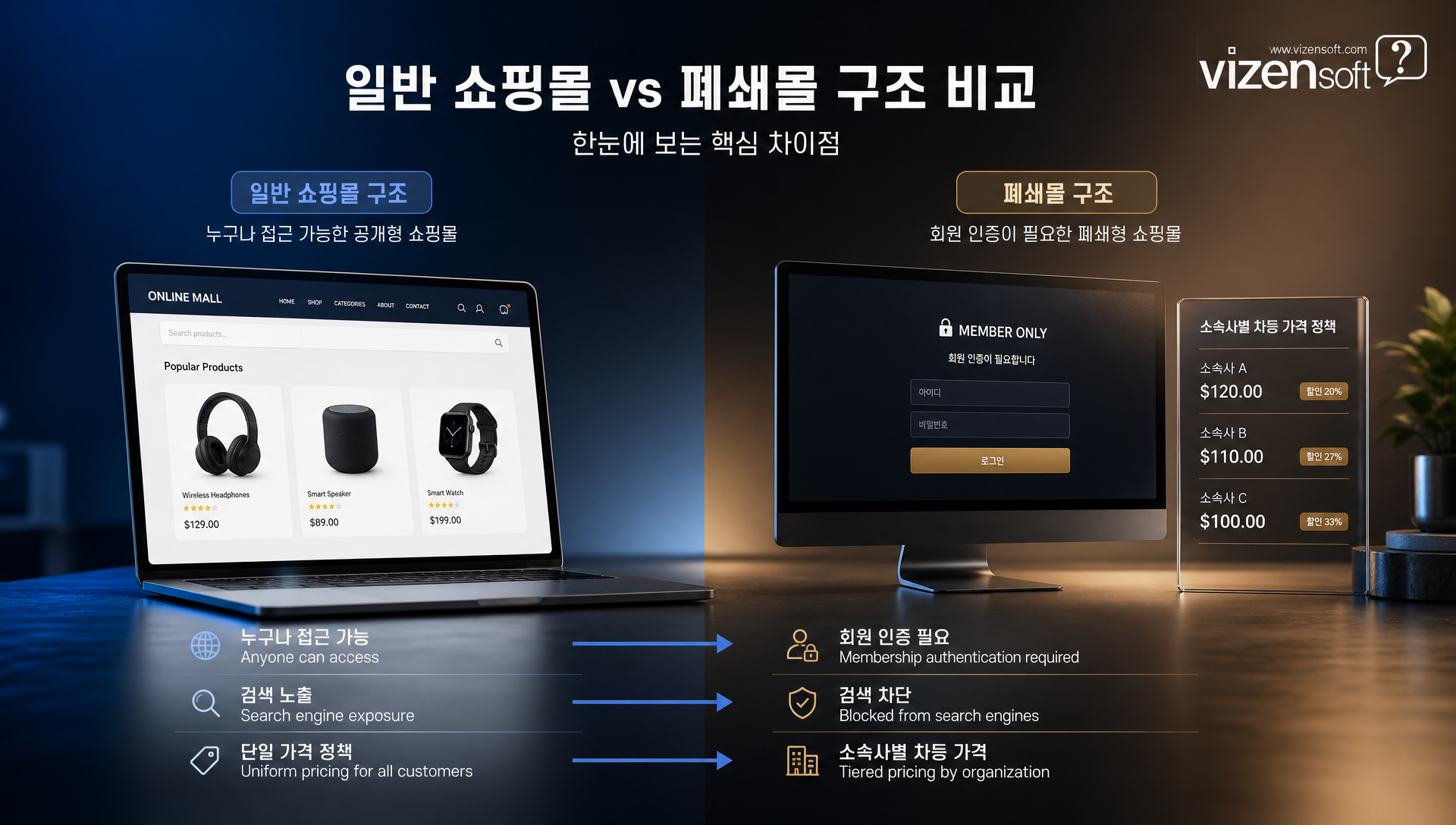 폐쇄몰 제작 필수 기능 6가지를 설명하는 인포그래픽