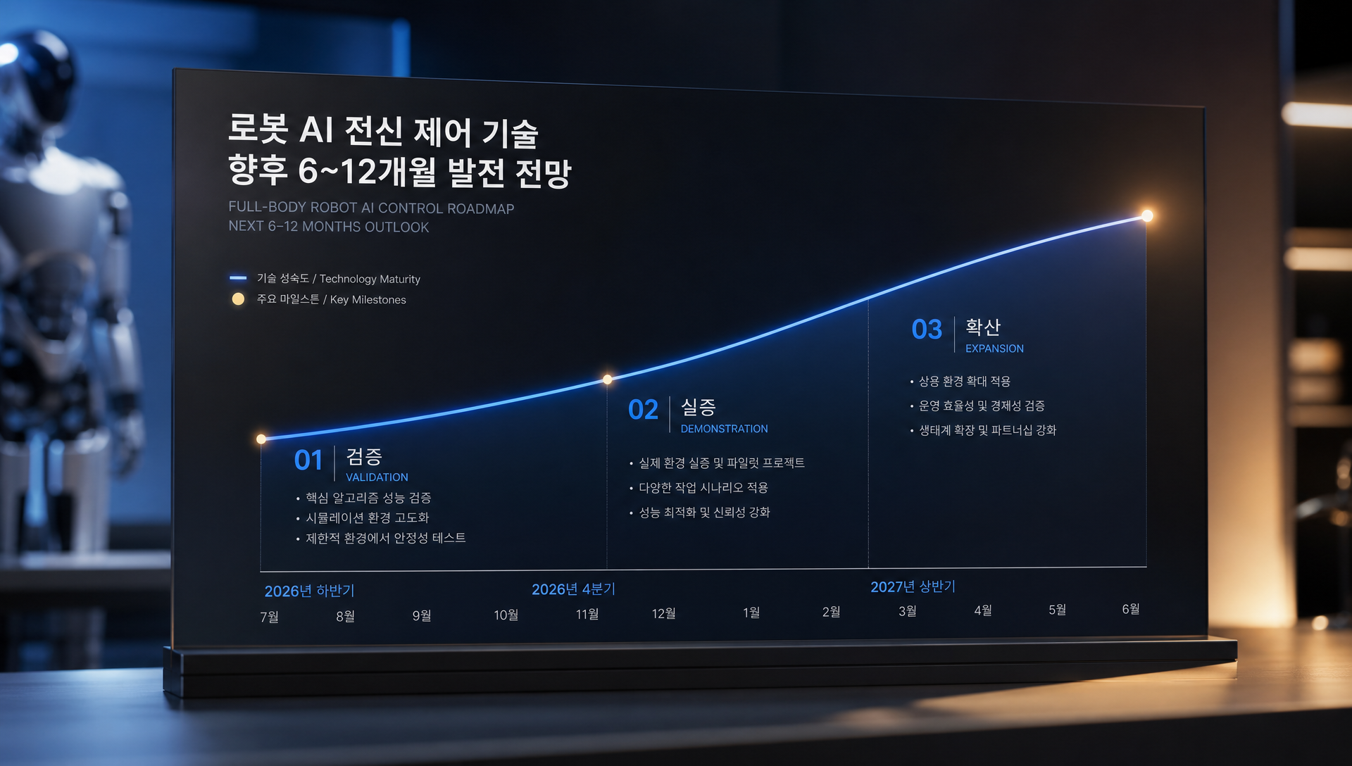 향후 6~12개월 전신 제어 로봇의 다양한 환경 검증 및 현장 실증 예측