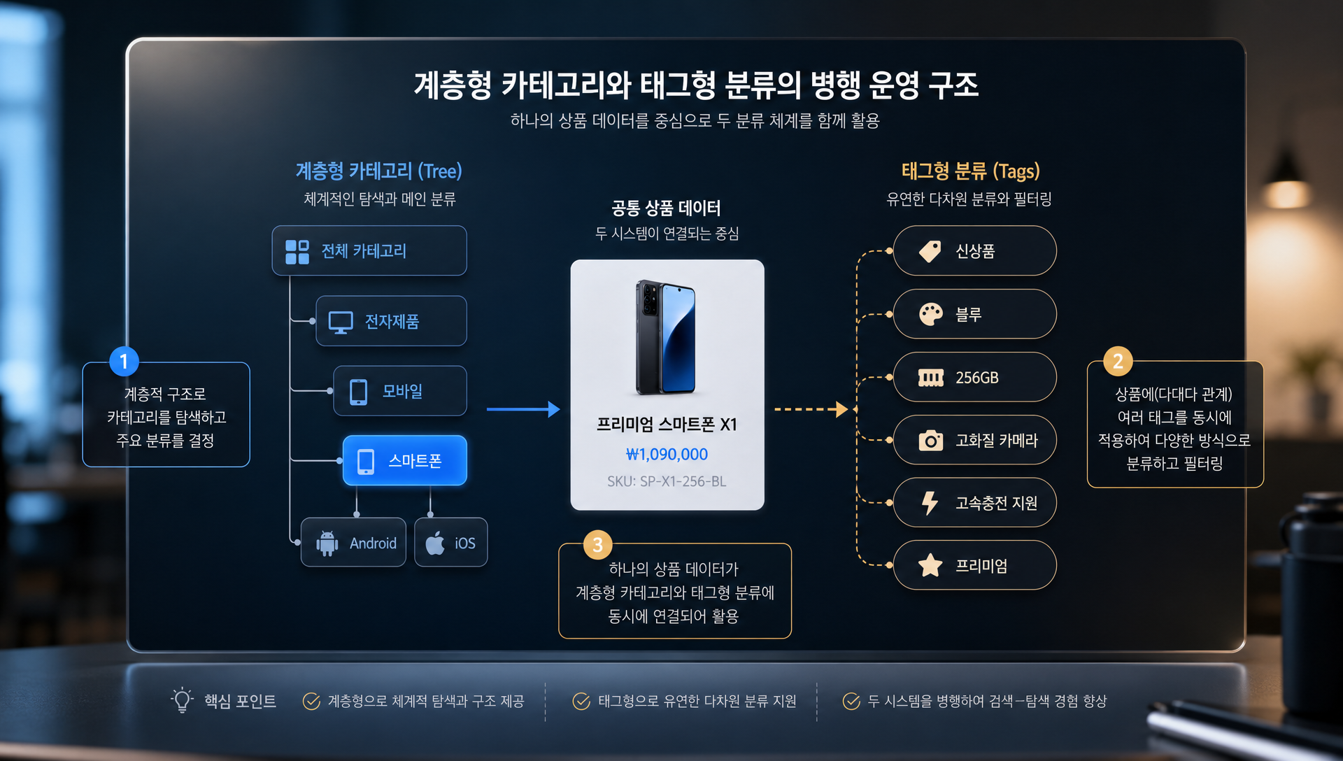 태그형 분류 다대다 관계 카테고리 병행 운영 모식도