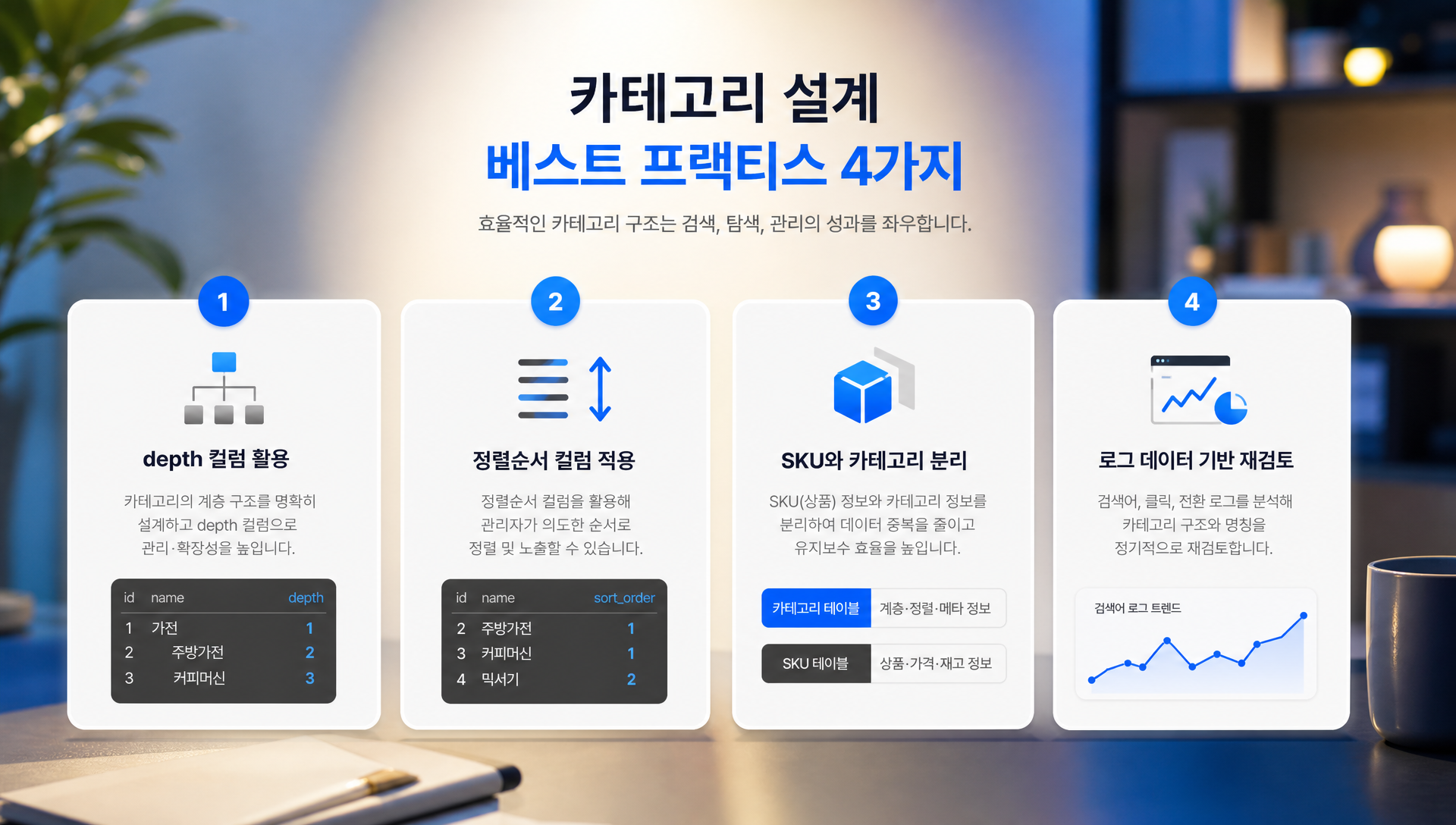 카테고리 테이블 depth sort_order 슬러그 컬럼 구조