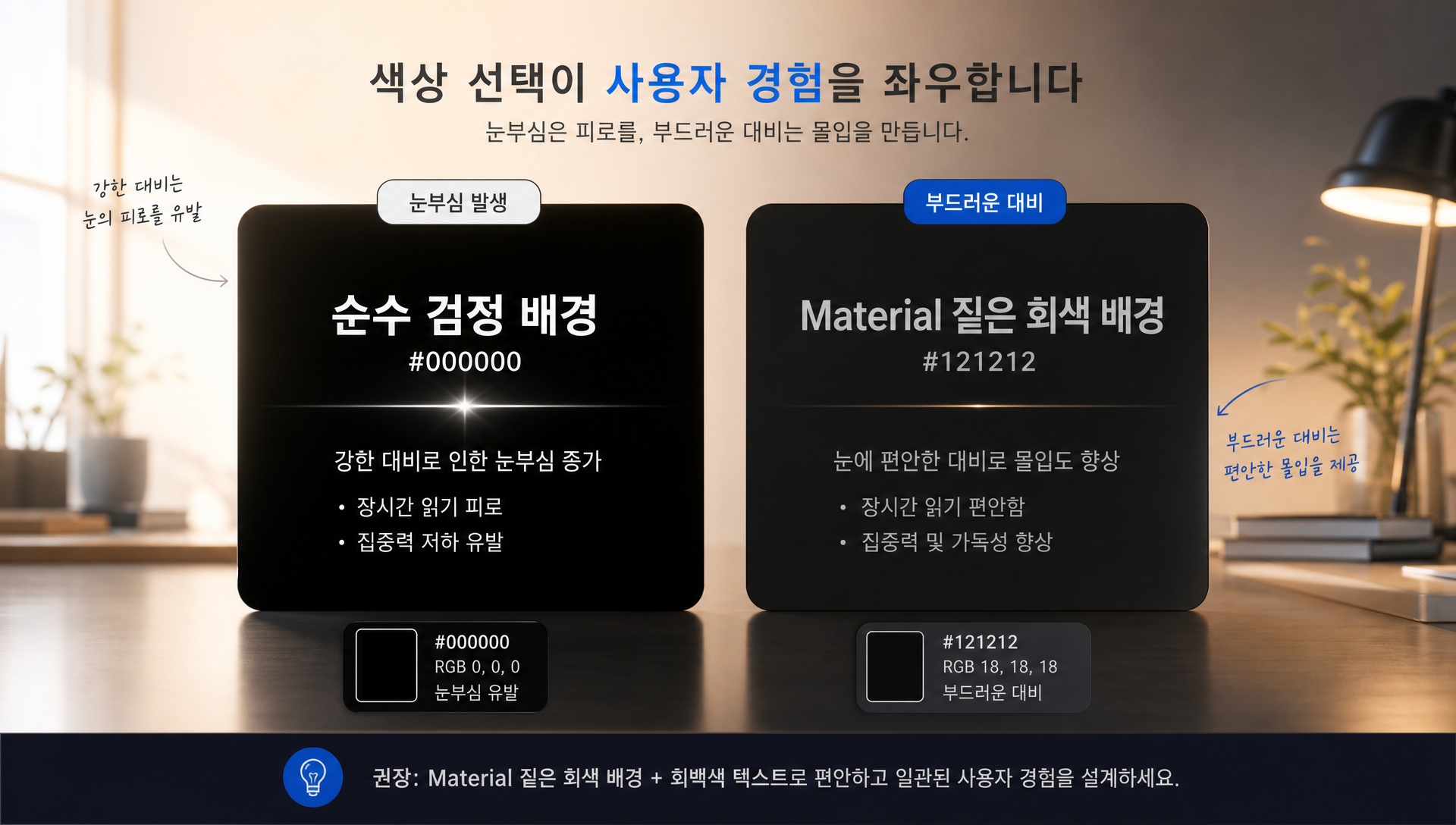 순수 검정 대신 짙은 회색 배경을 사용한 다크모드 색상 팔레트 설계 예시
