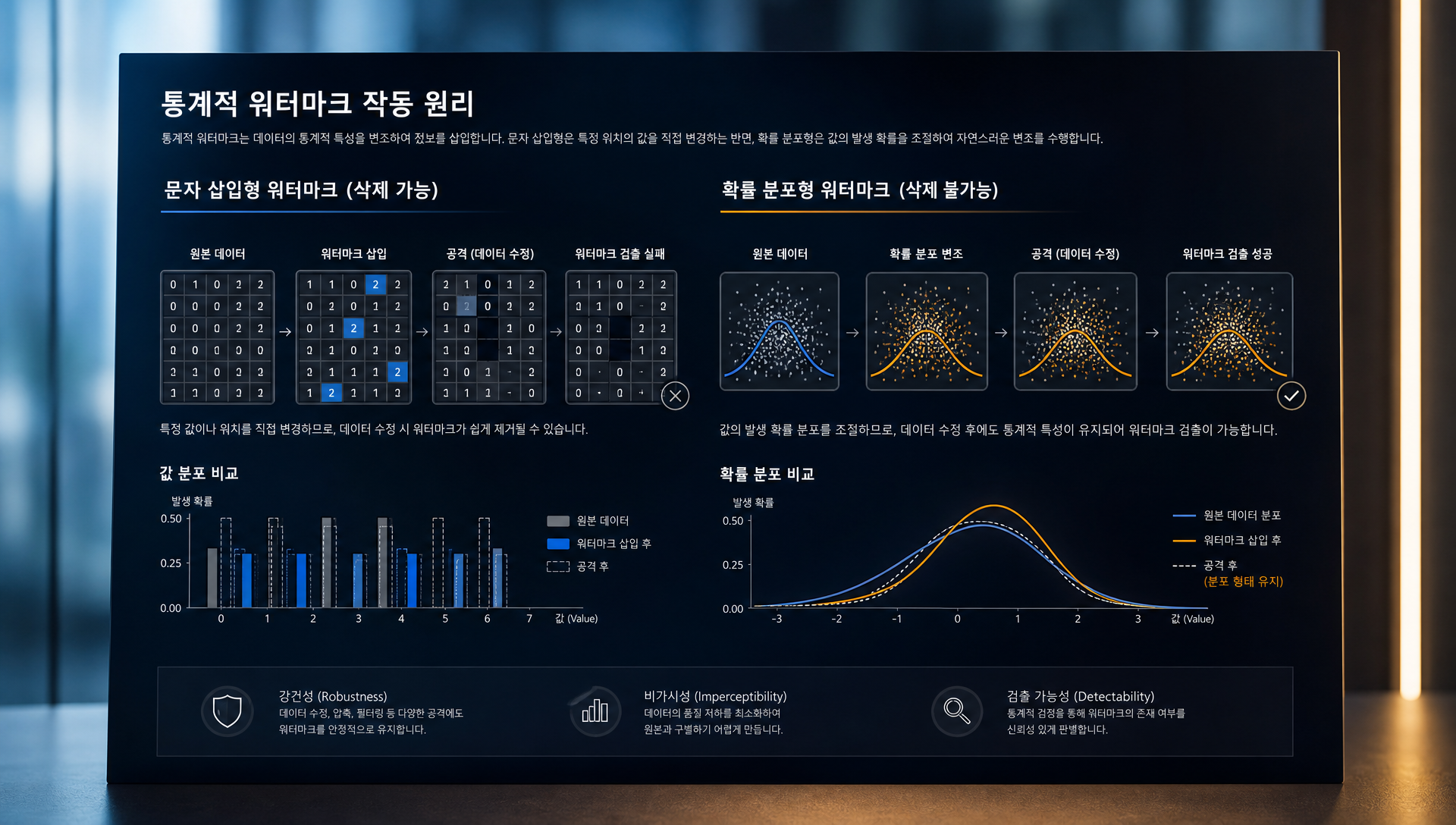 통계적 신호 기반 워터마크 작동 원리 및 제거 불가능성 설명