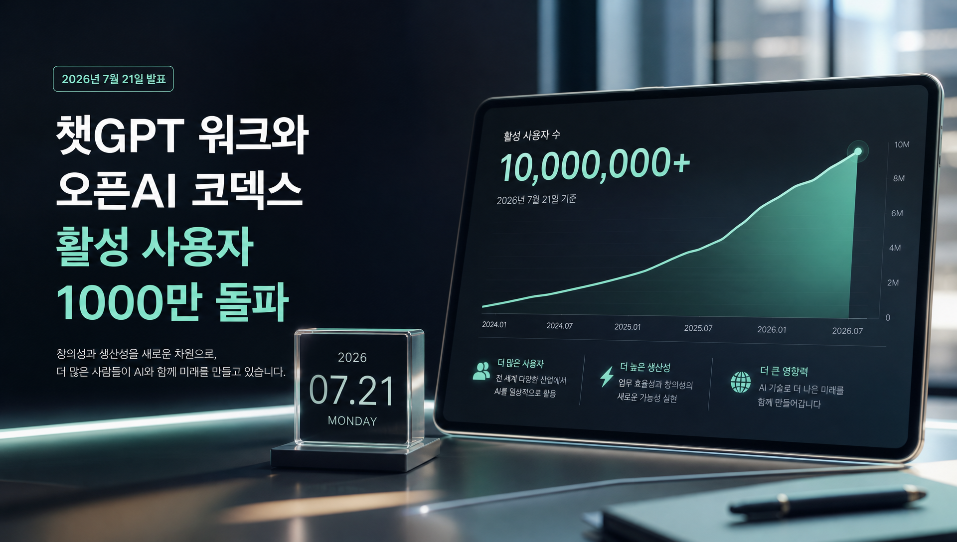 챗GPT 워크와 코덱스 활성 사용자 증가 추이를 보여주는 차트