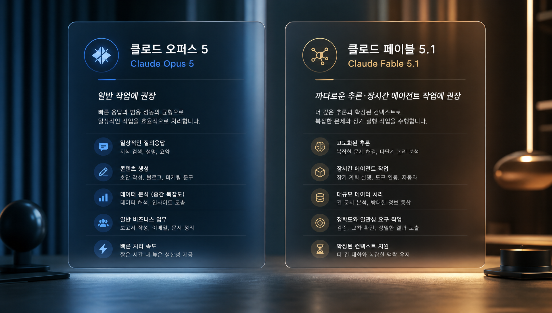 오퍼스 5와 페이블 5.1 모델 선택 가이드 비교표