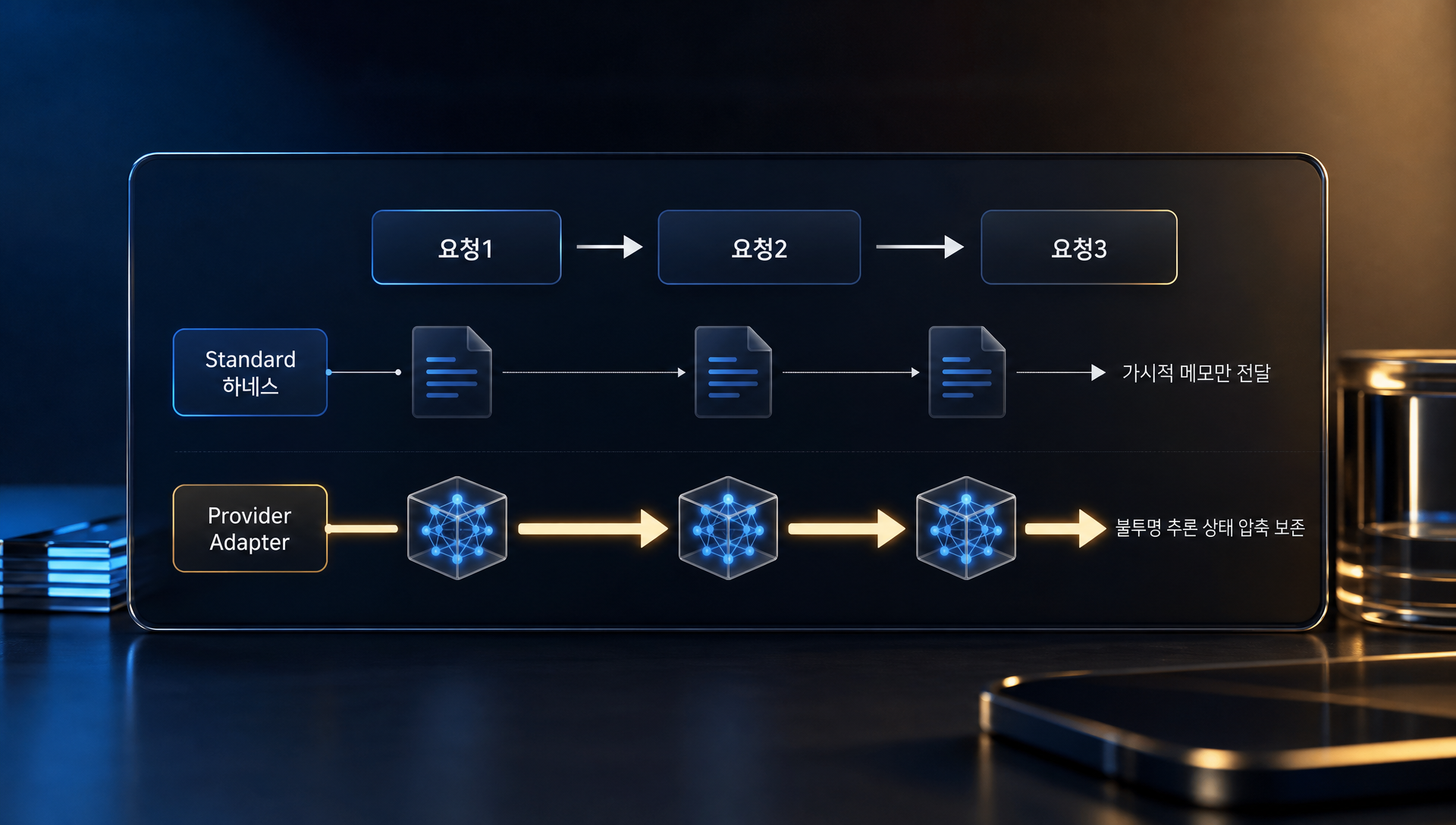Standard 하네스와 Provider Adapter 하네스의 기술적 차이 설명 그래프