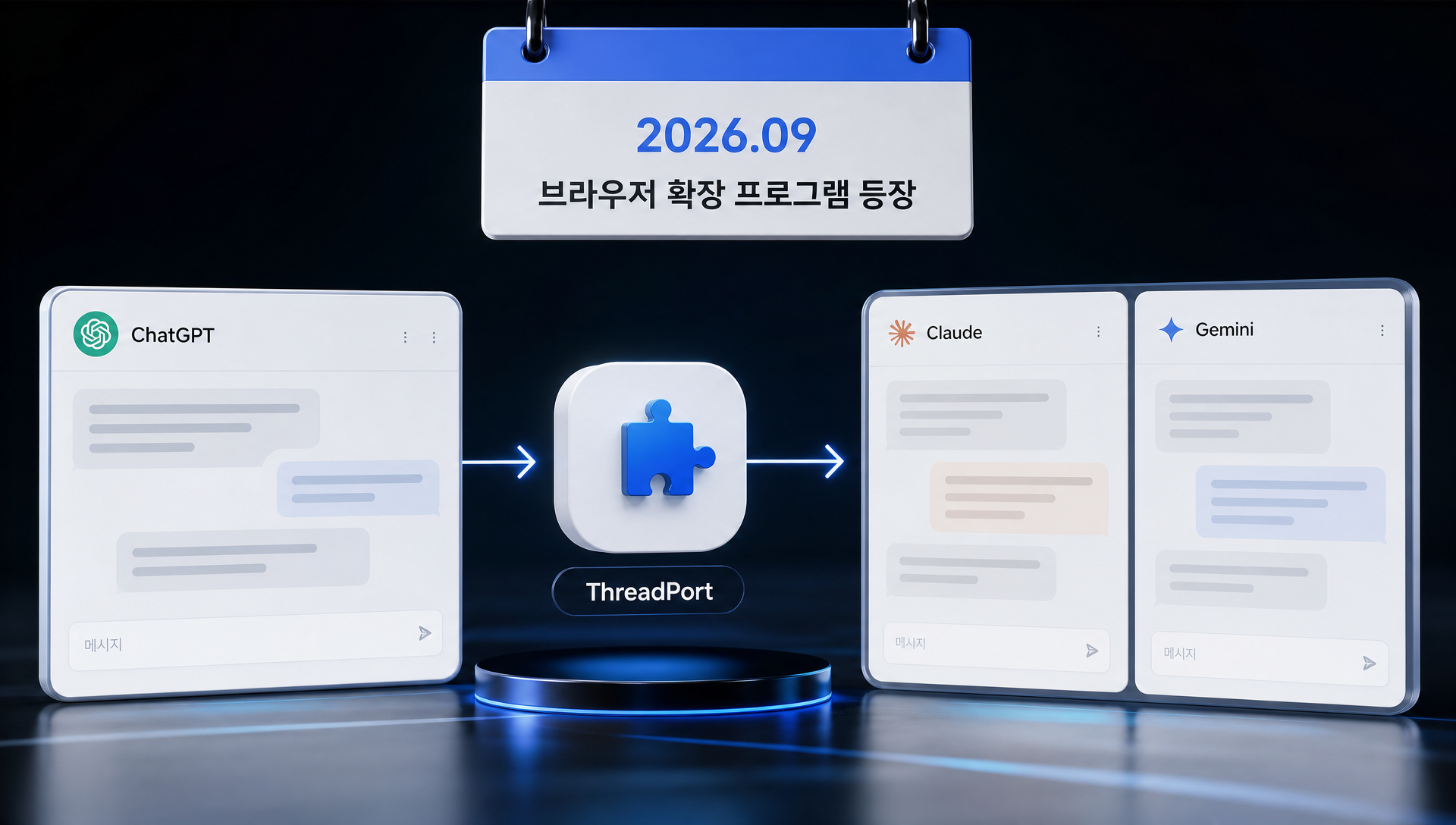 스레드포트 브라우저 확장 프로그램 인터페이스로 AI 챗봇 간 대화 전송 기능을 보여주는 화면