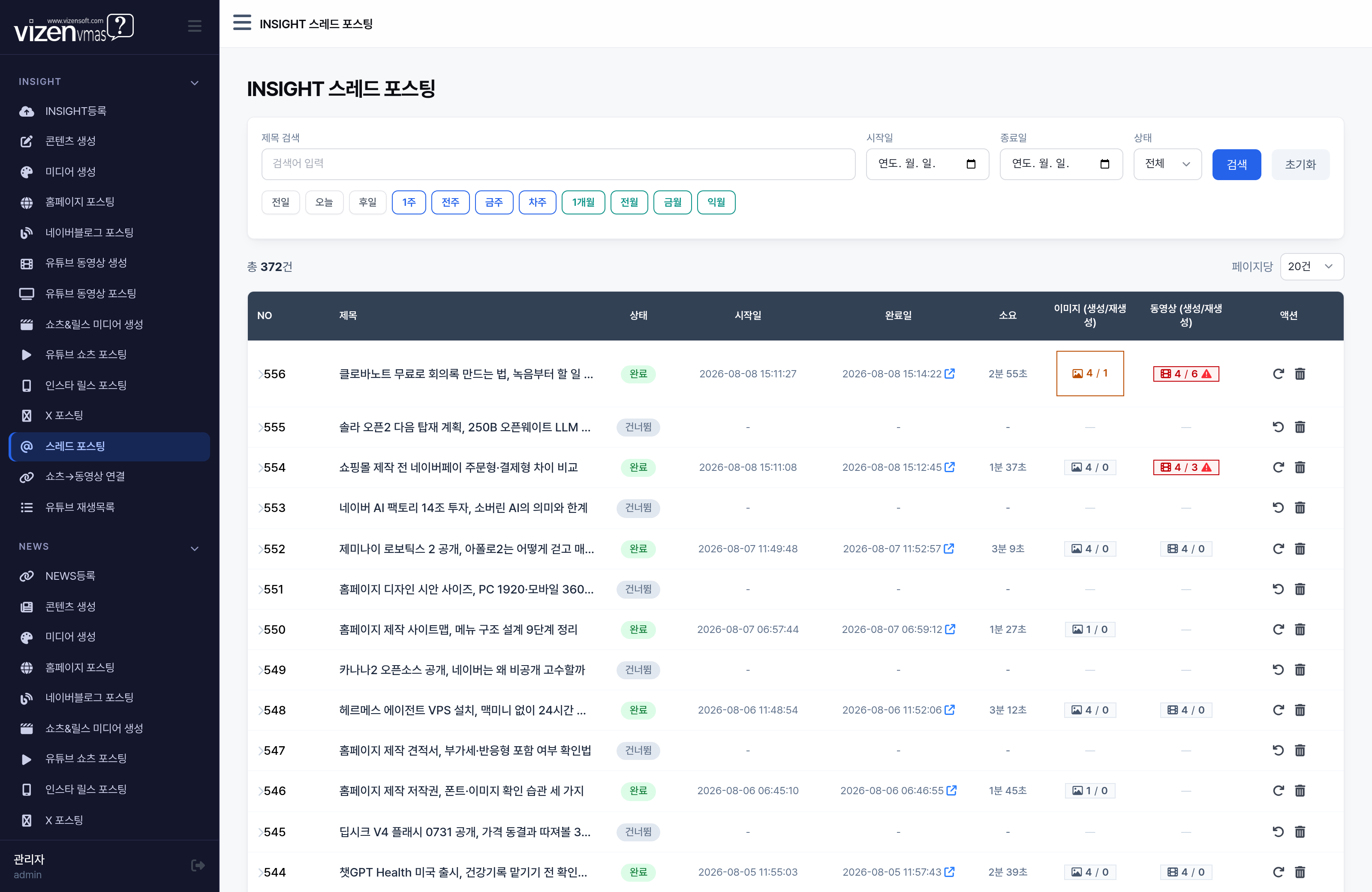 INSIGHT 스레드 포스팅 목록 텍스트 이미지 영상 자동 발행