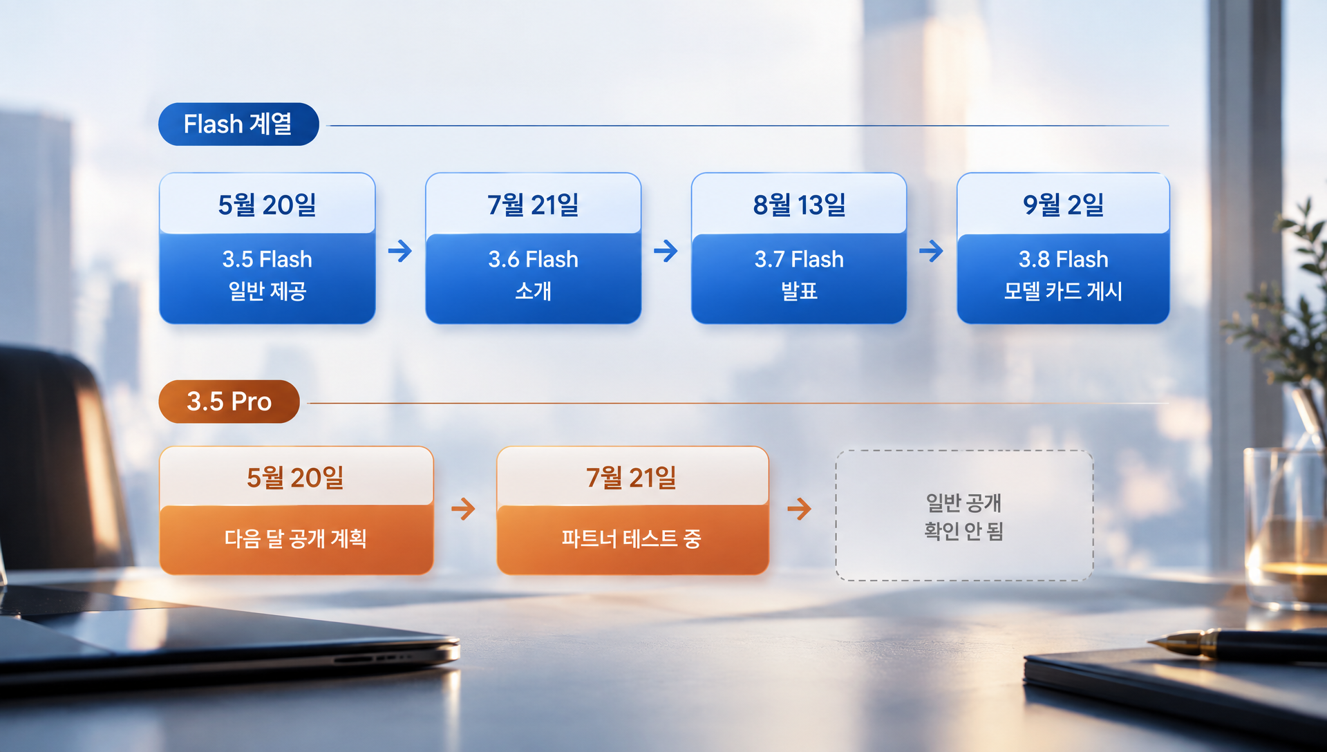 제미나이 3.5 Flash부터 3.8 Flash까지의 출시 간격과 지원 플랫폼을 비교한 표