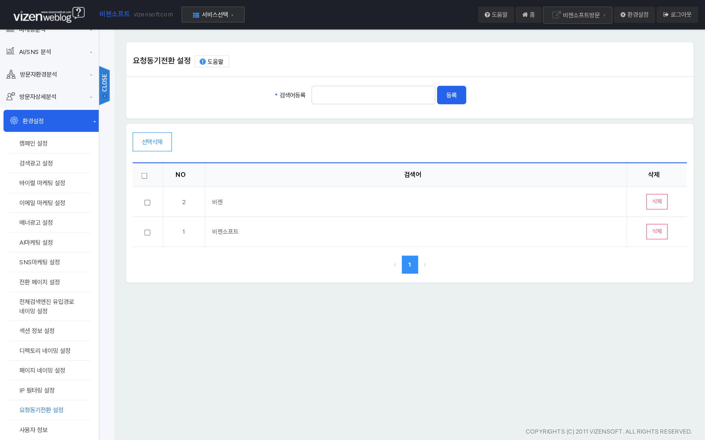 요청동기전환설정 키워드 등록 분석기준 설정