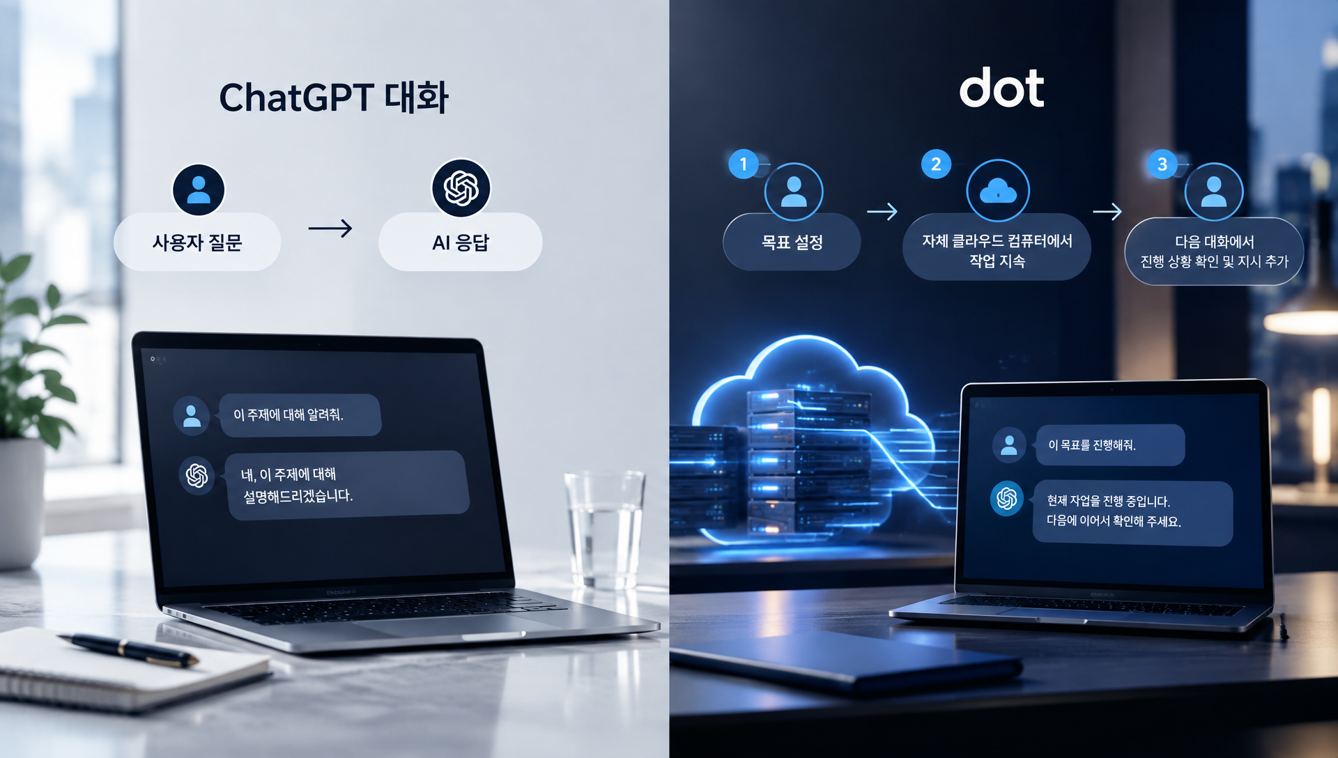 ChatGPT dots 에이전트의 기존 대화형 ChatGPT와의 차이점을 비교하는 다이어그램