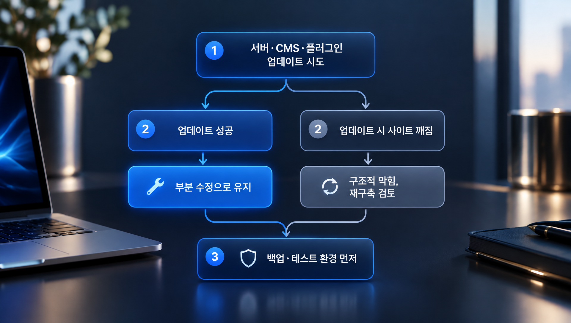 서버 PHP 버전과 보안 패치 업데이트 가능 여부를 점검하는 호스팅 관리 화면