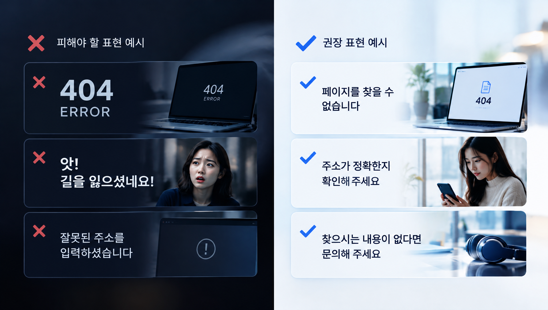 404 오류 페이지에 홈 링크, 인기 콘텐츠, 검색창, 연락 경로를 배치한 레이아웃 예시