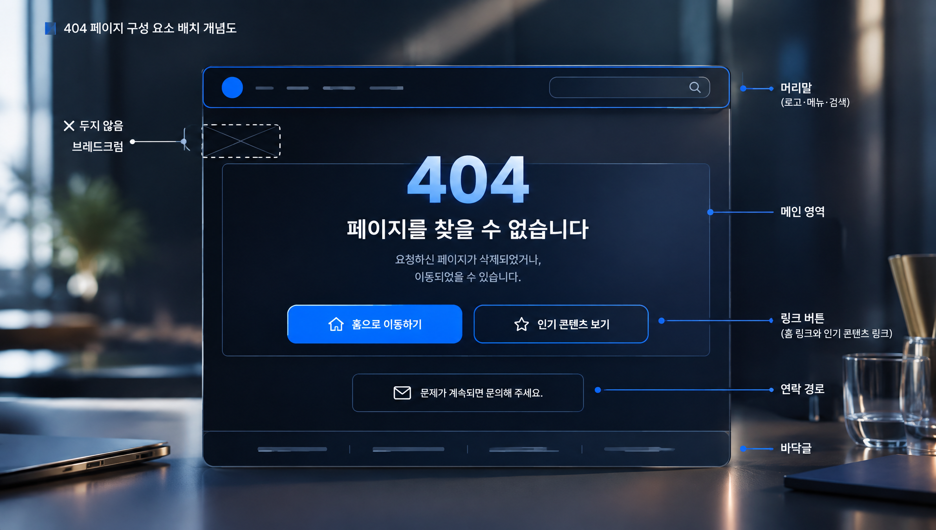 잘못된 404 화면 설계로 큰 숫자, 농담, 느낌표가 포함된 예시와 개선 사항