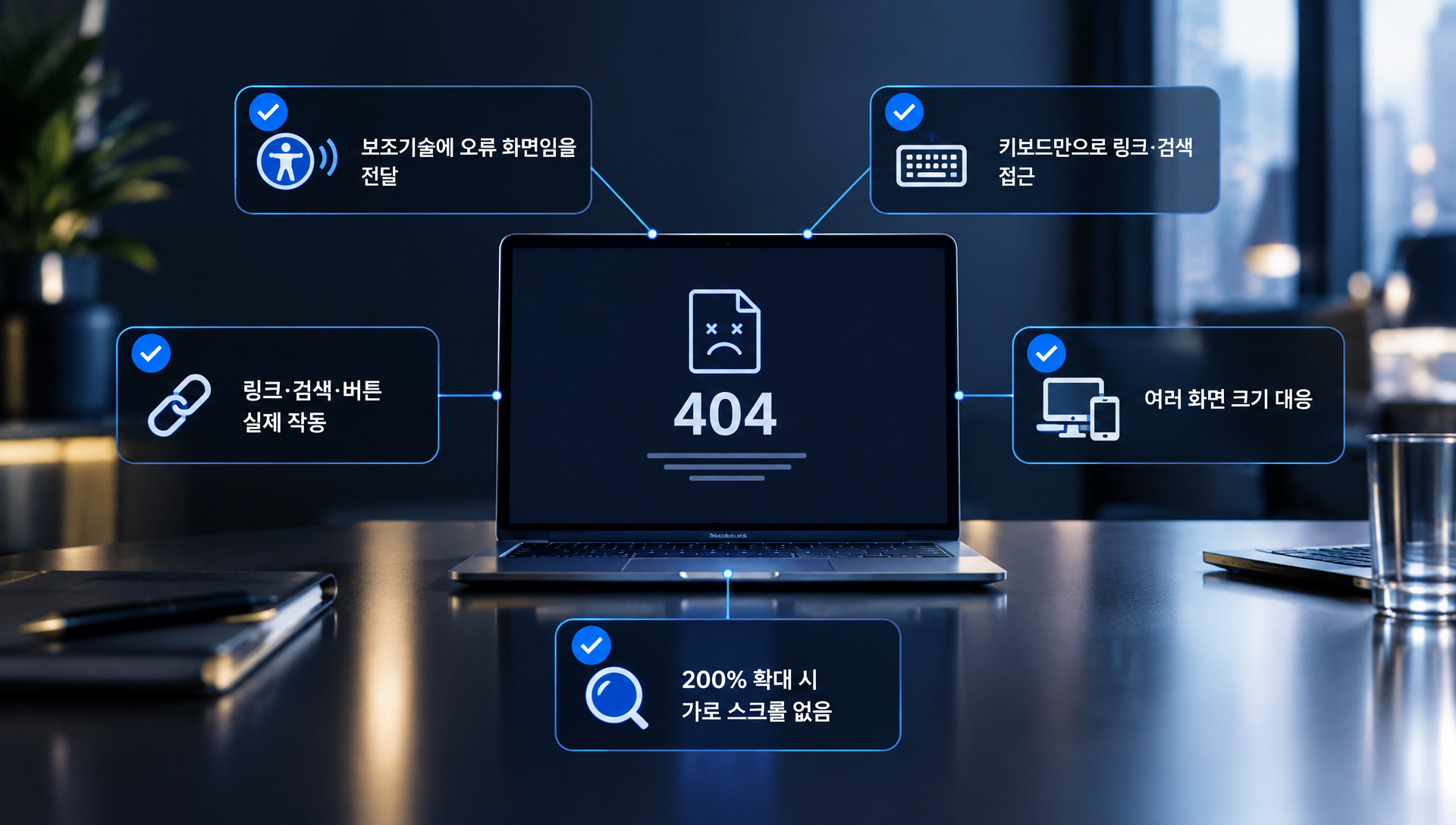 404 페이지의 접근성 점검 항목으로 키보드 네비게이션, 200% 확대, 화면 낭독기 호환성 확인