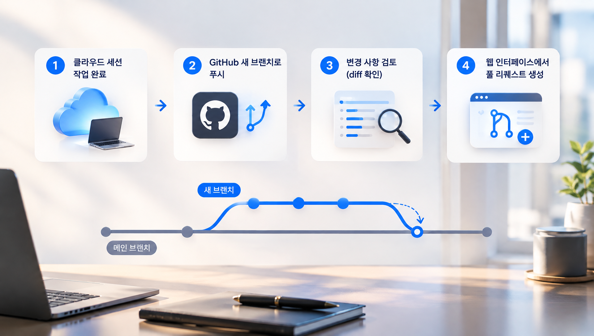 GitHub에 푸시된 작업 결과 브랜치와 풀 리퀘스트 생성 화면