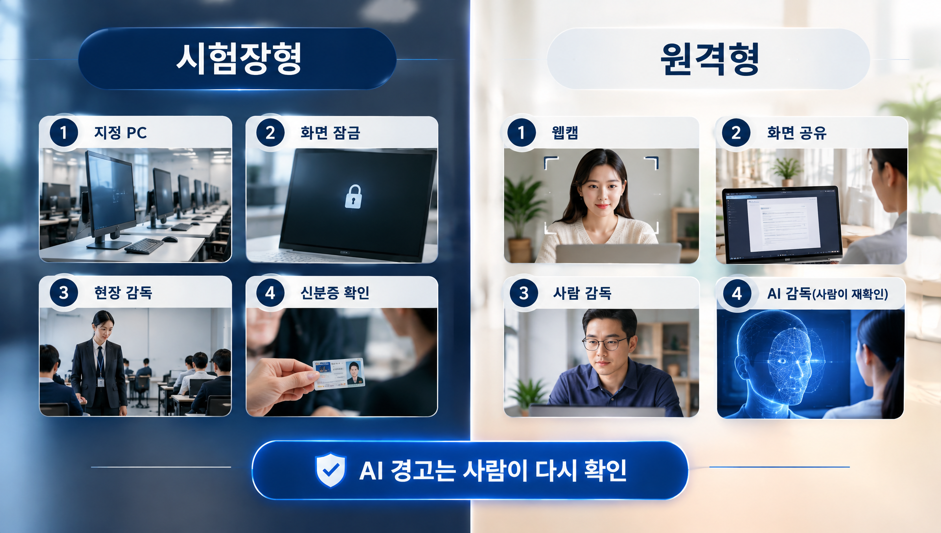 시험장형과 원격형 부정행위 방지 수단 비교: 감독, 화면잠금, 웹캠, AI감독