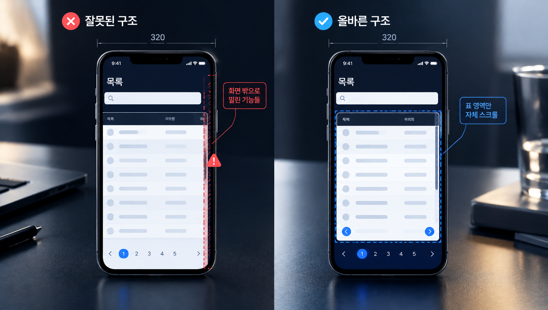 320 CSS 픽셀 폭에서 일반 콘텐츠와 예외 영역의 기대 동작과 점검 포인트를 비교한 표