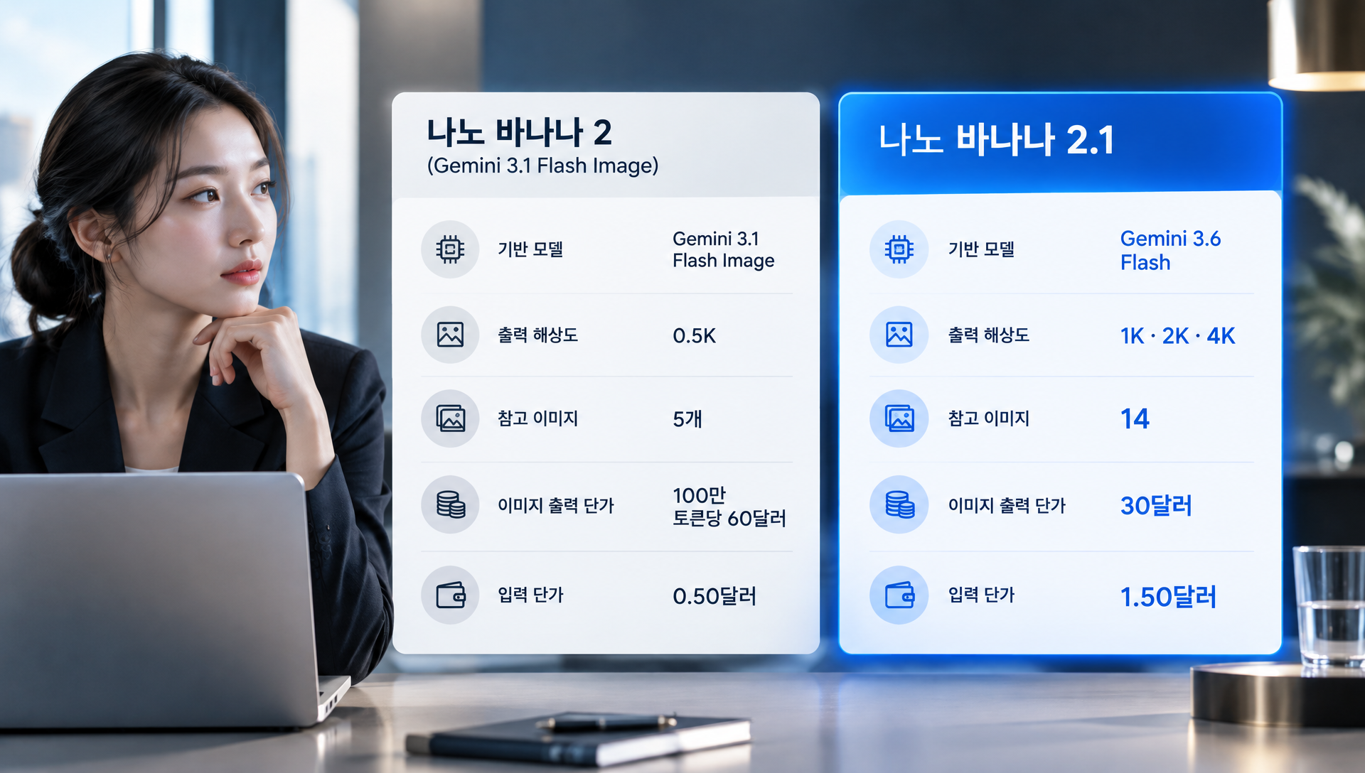 나노 바나나 2.1과 2의 사양 비교표: 해상도, 참고 이미지, 가격 정보