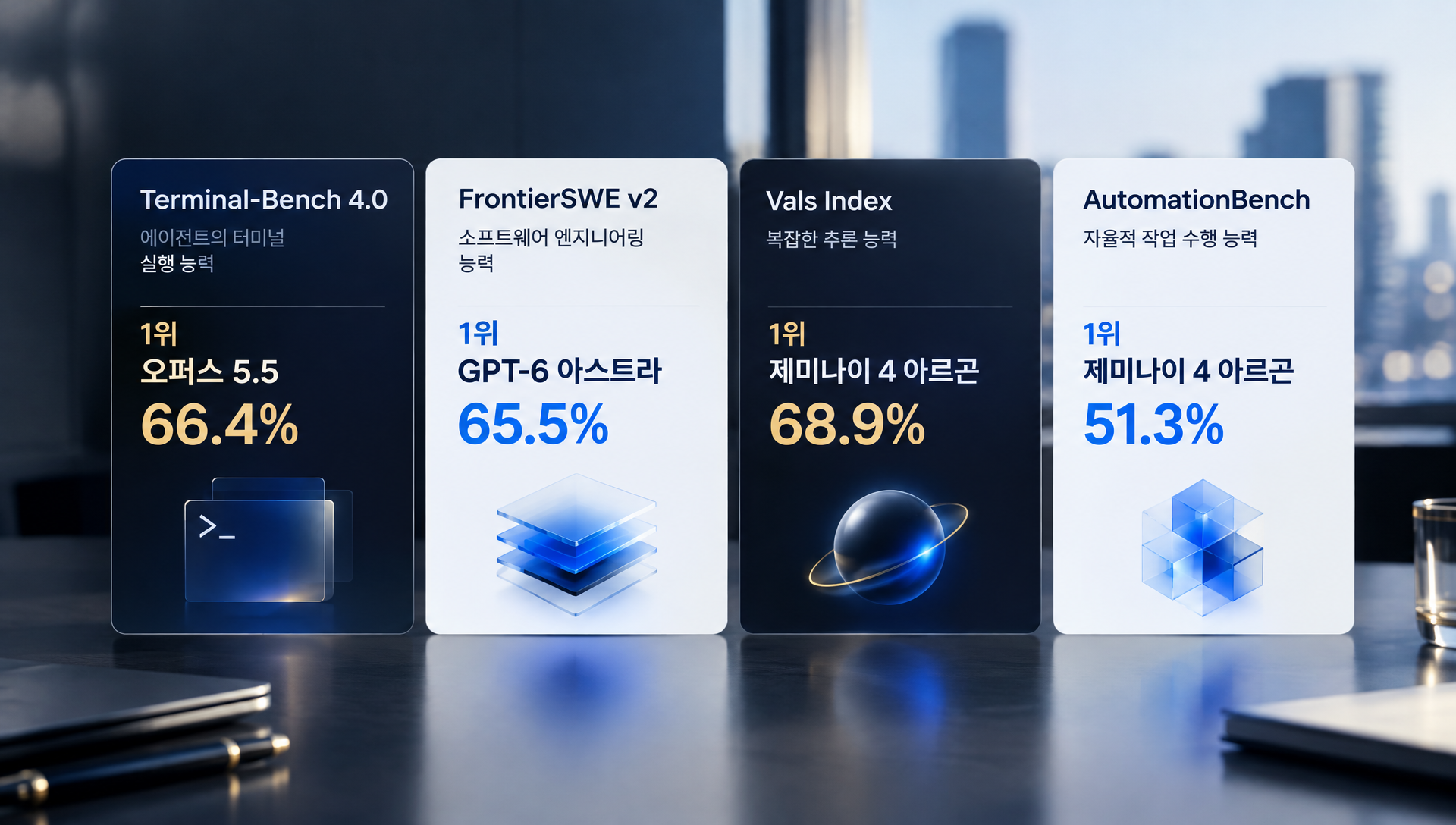 Terminal-Bench·FrontierSWE·Vals Index·AutomationBench 시험별 모델 점수 상세 비교