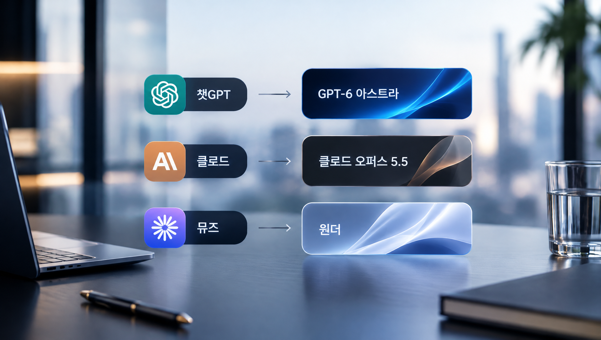 챗GPT, 클로드, 뮤즈의 서비스와 모델 대응 관계를 정리한 표