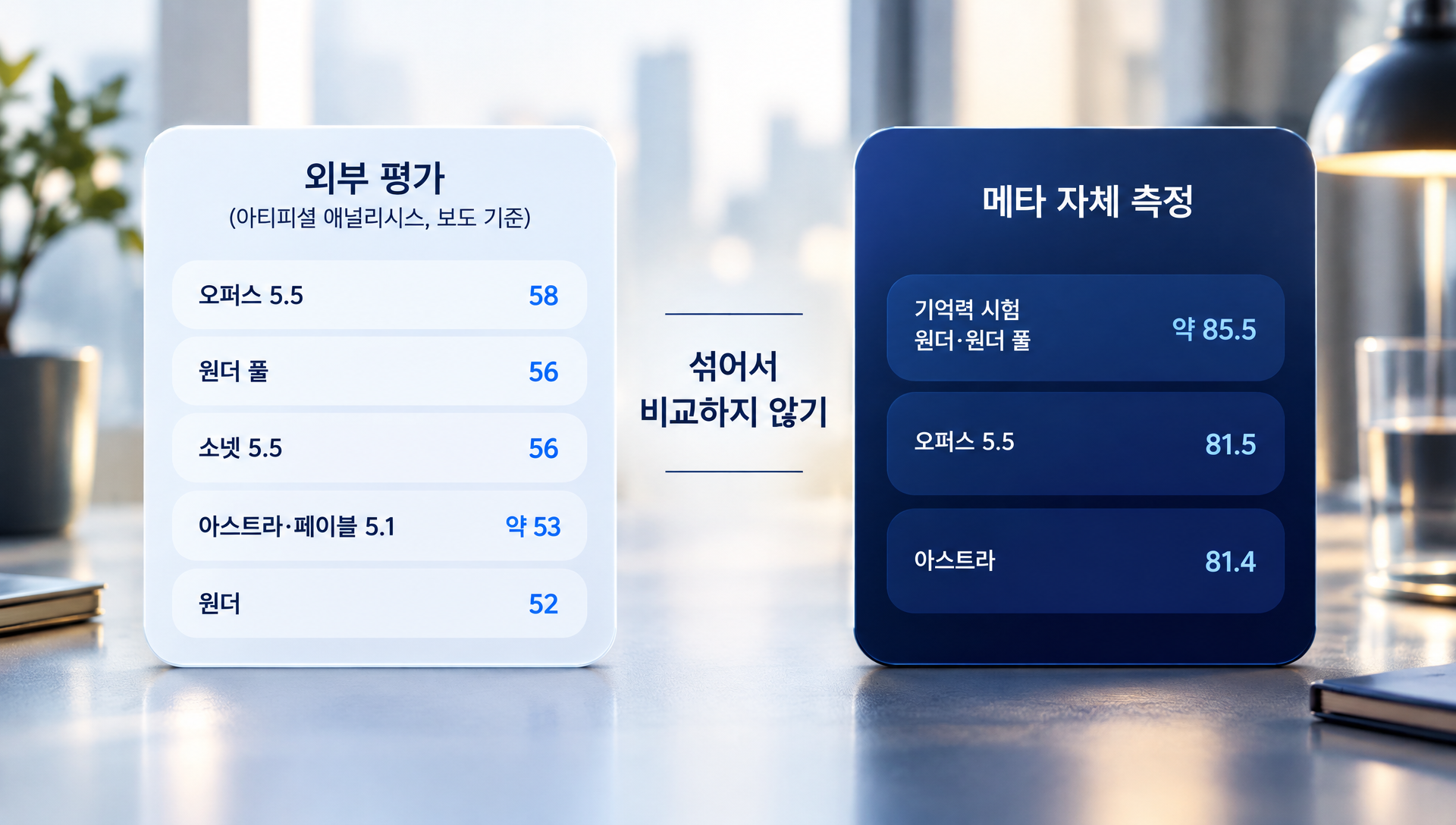 외부 평가와 메타 자체 측정 점수의 차이를 설명하는 벤치마크 비교