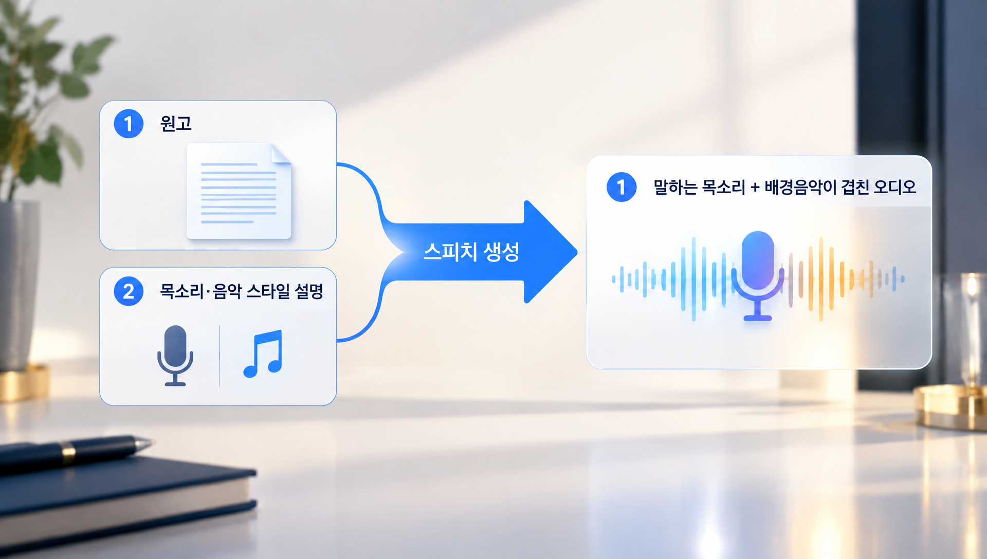 수노 스피치 웹 인터페이스 화면으로 원고 입력칸과 어조 요약 결과가 표시됨