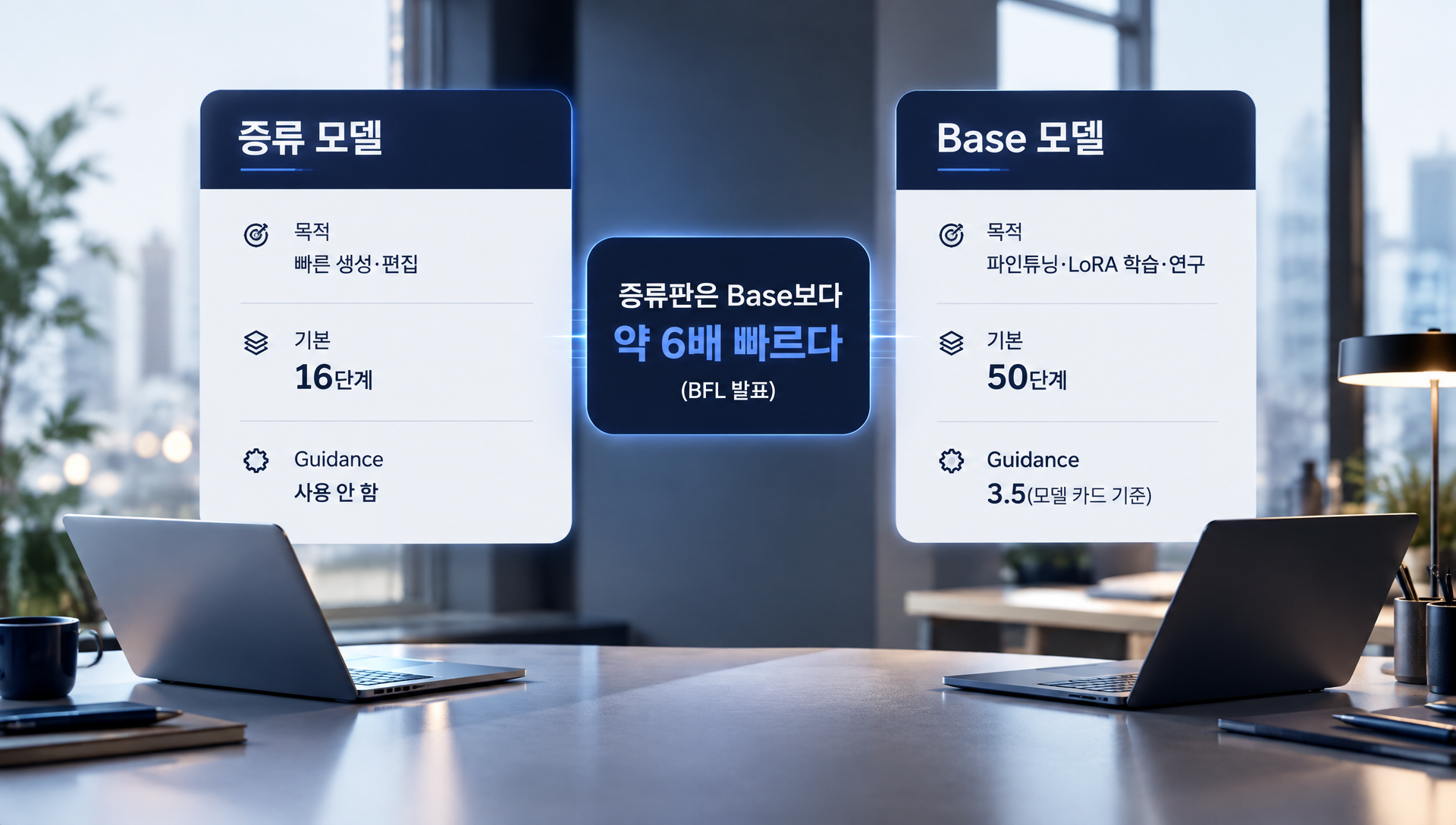증류 모델과 Base 모델 비교표: 목적, 기본 단계, guidance 설정, 용도별 특징