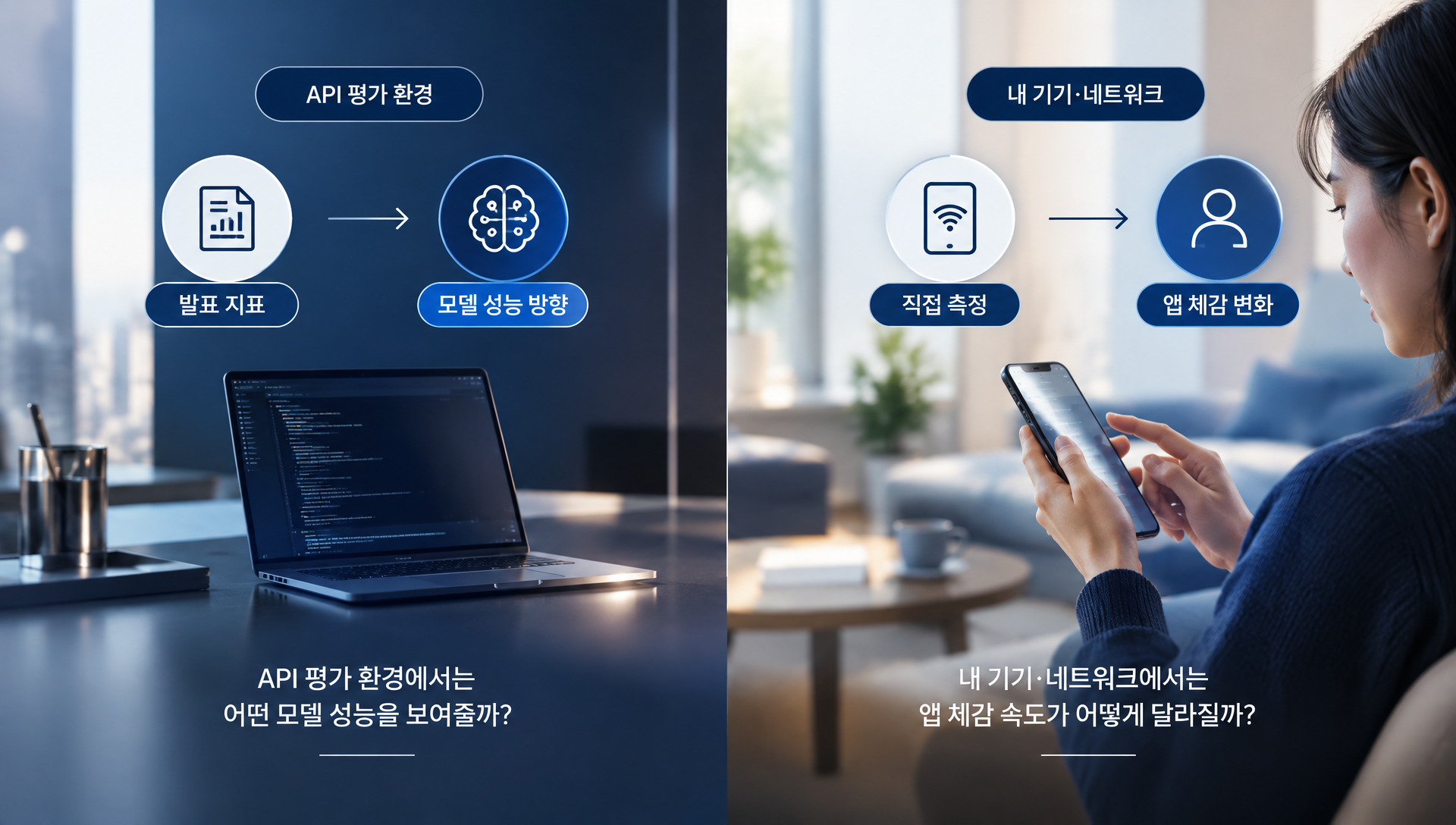 API 평가 환경과 모바일 앱 체감 속도를 비교하는 측정 기준 다섯 가지를 설명하는 다이어그램