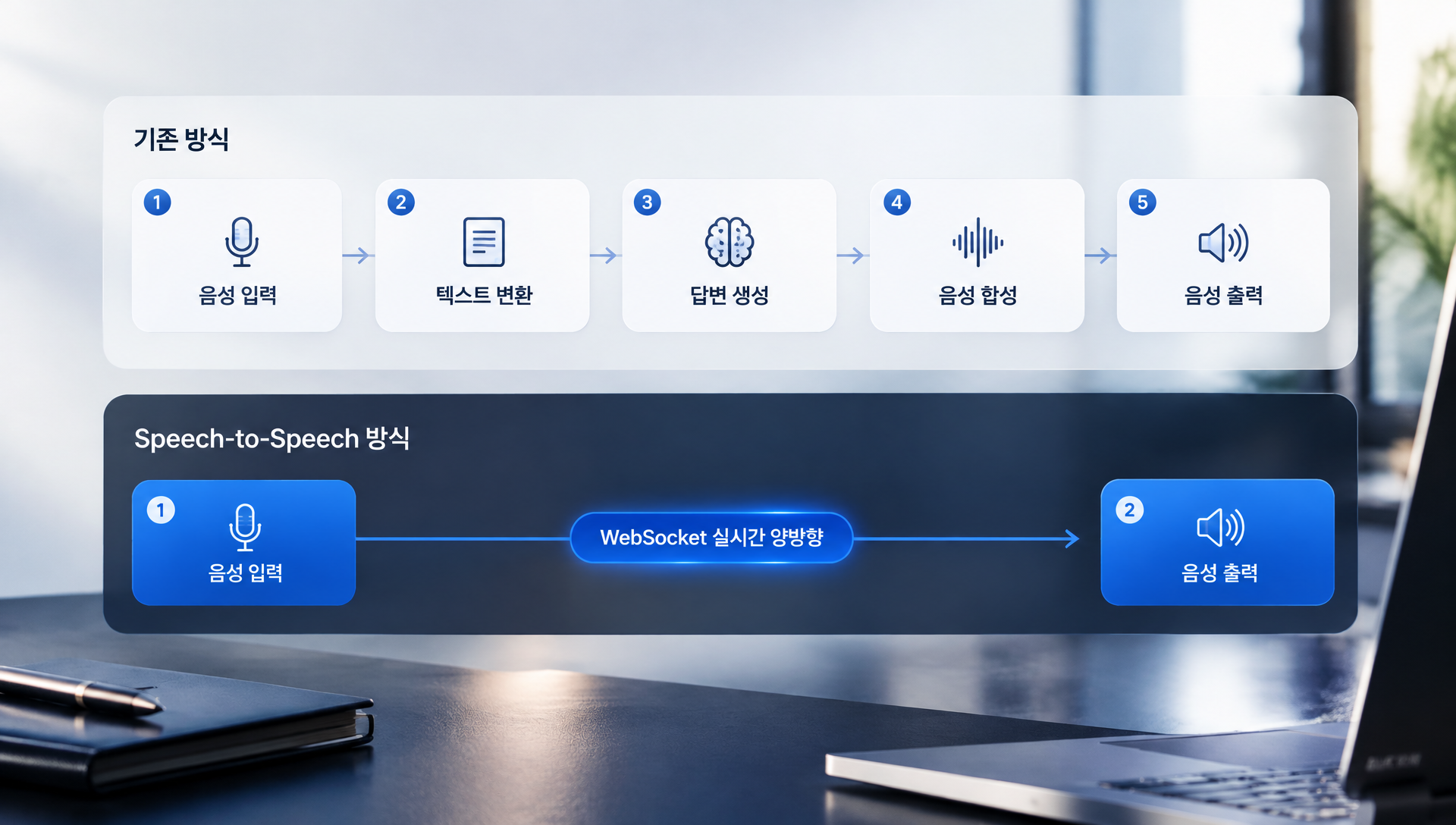 Grok Voice 3.0의 음성-음성 직접 처리 방식과 WebSocket 양방향 통신 구조를 도표로 표현