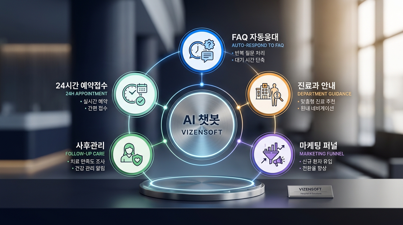 병원 AI챗봇 주요 기능 24시간 예약 FAQ 응대 진료과 안내 마케팅