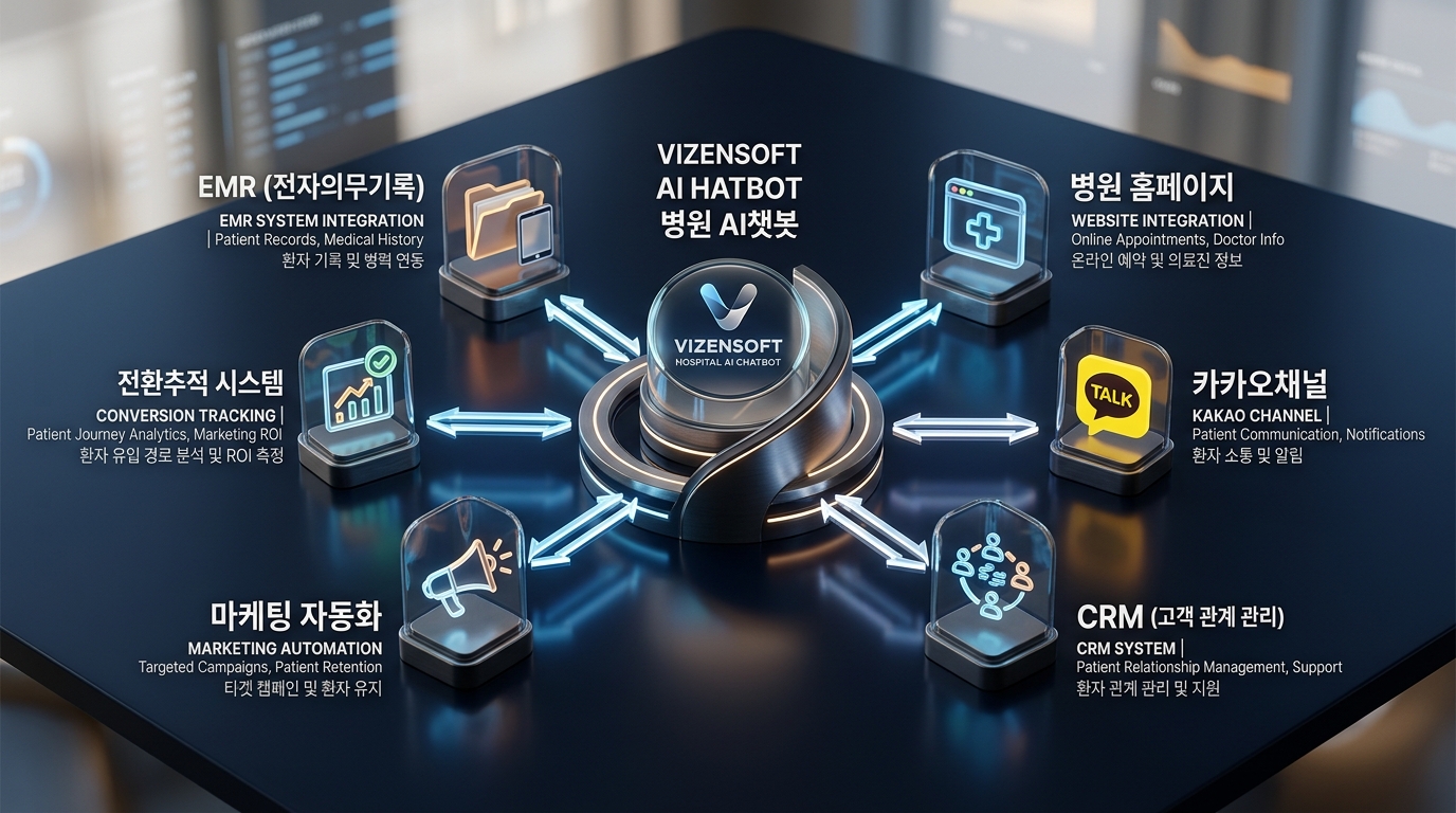 병원 AI챗봇 EMR CRM 마케팅 자동화 시스템 통합 연동 구조도