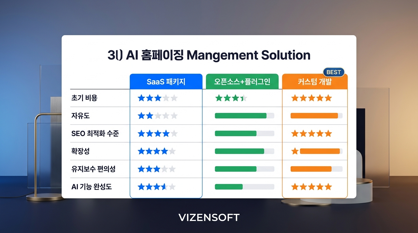 AI홈페이지관리 솔루션 유형별 기능 및 비용 비교 테이블