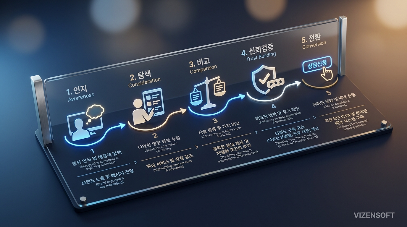 성형외과 홈페이지 신뢰 형성과 전환 최적화 요소 구성도