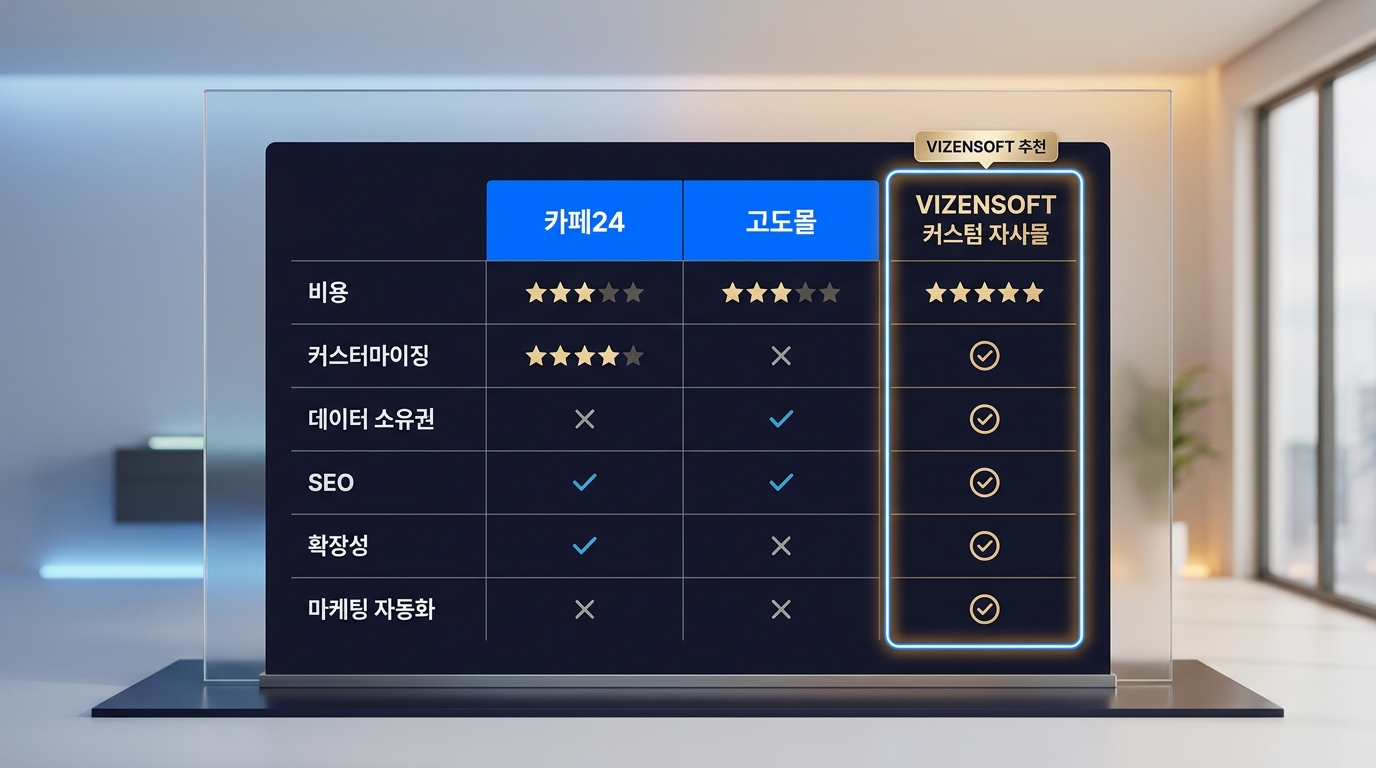 카페24, 고도몰, 비젠소프트 커스텀 자사몰 기능 및 비용 상세 비교표