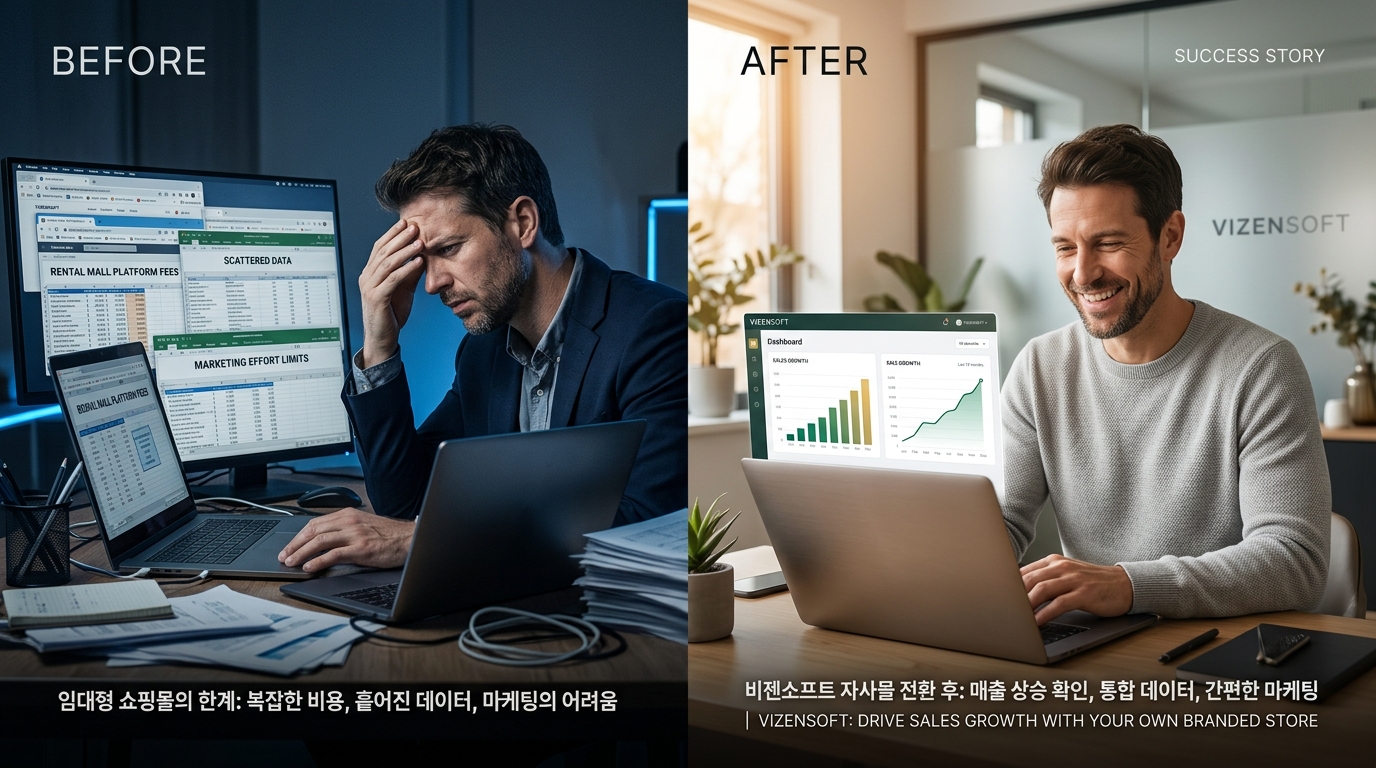 자사몰 전환 성공 사례의 매출 성장과 비용 절감 결과 차트