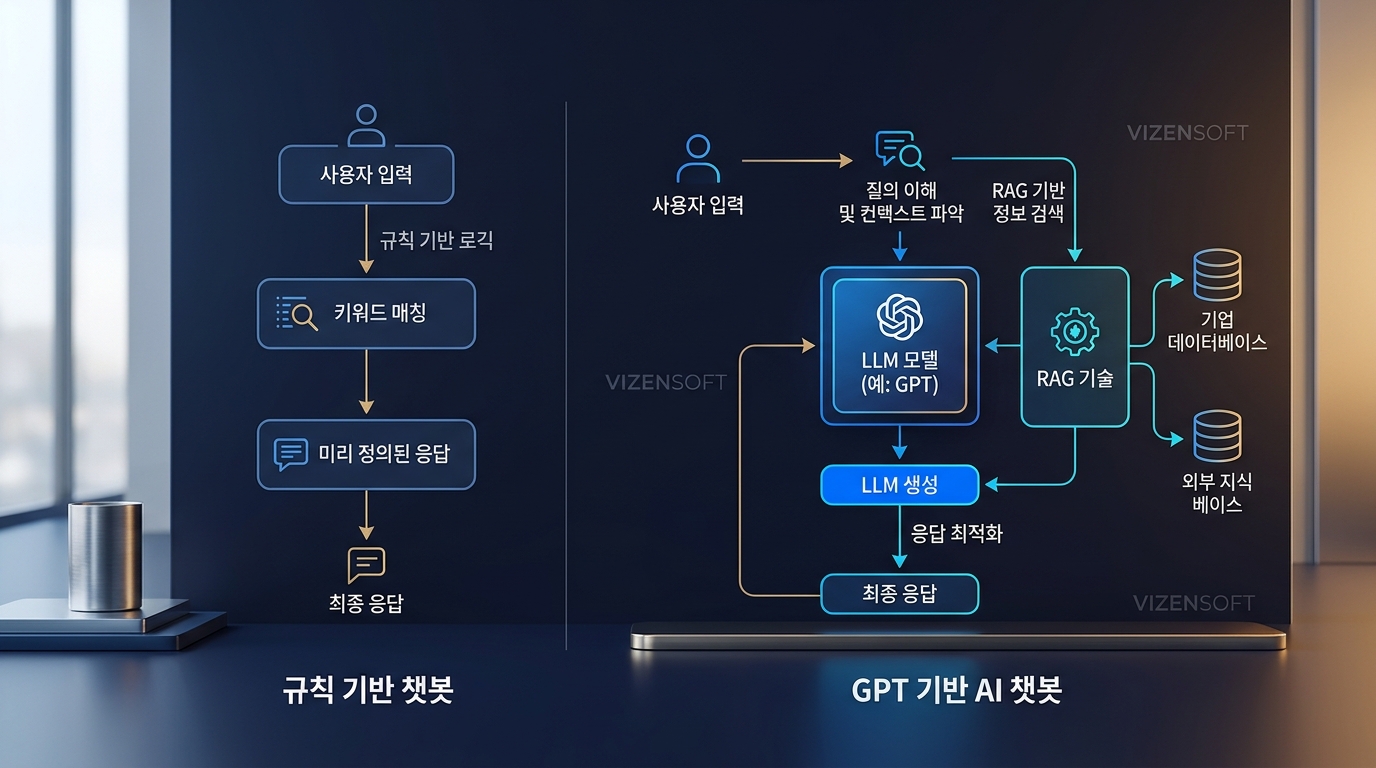 규칙 기반 챗봇과 GPT 기반 챗봇의 응답 방식 비교 다이어그램